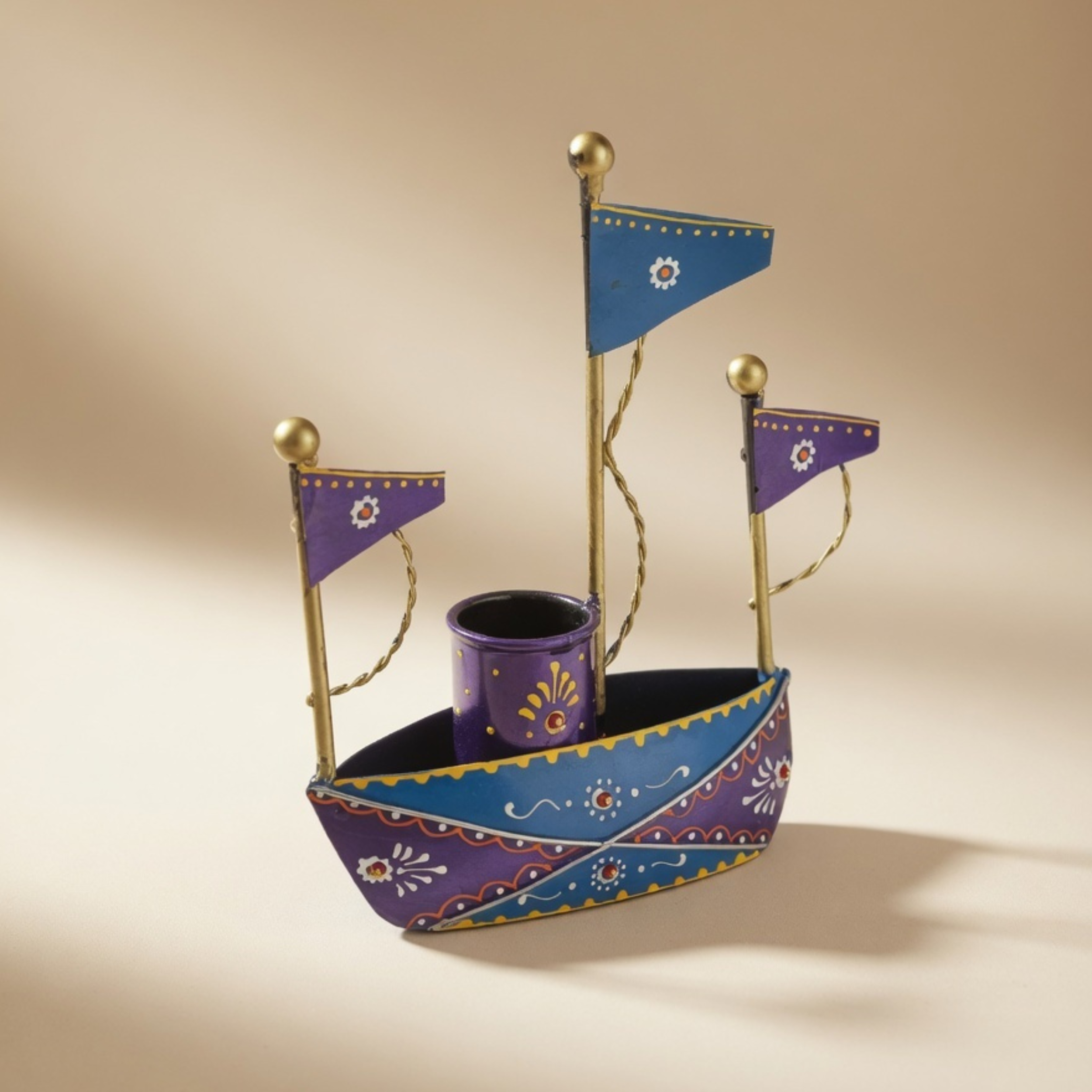 Handmade Metal Boat Desk Organizer Pen Holder | Decorative Office Table Decor