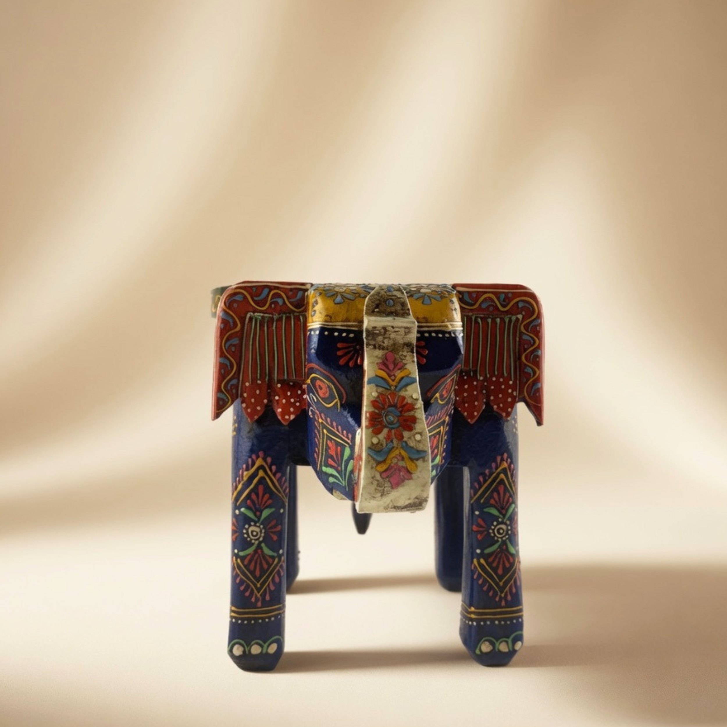 Gulabi Craft Handcrafted Blue Wooden Elephant Stool (8-Inch) – Royal Rajasthani Painted Decorative Side Table & Accent Piece