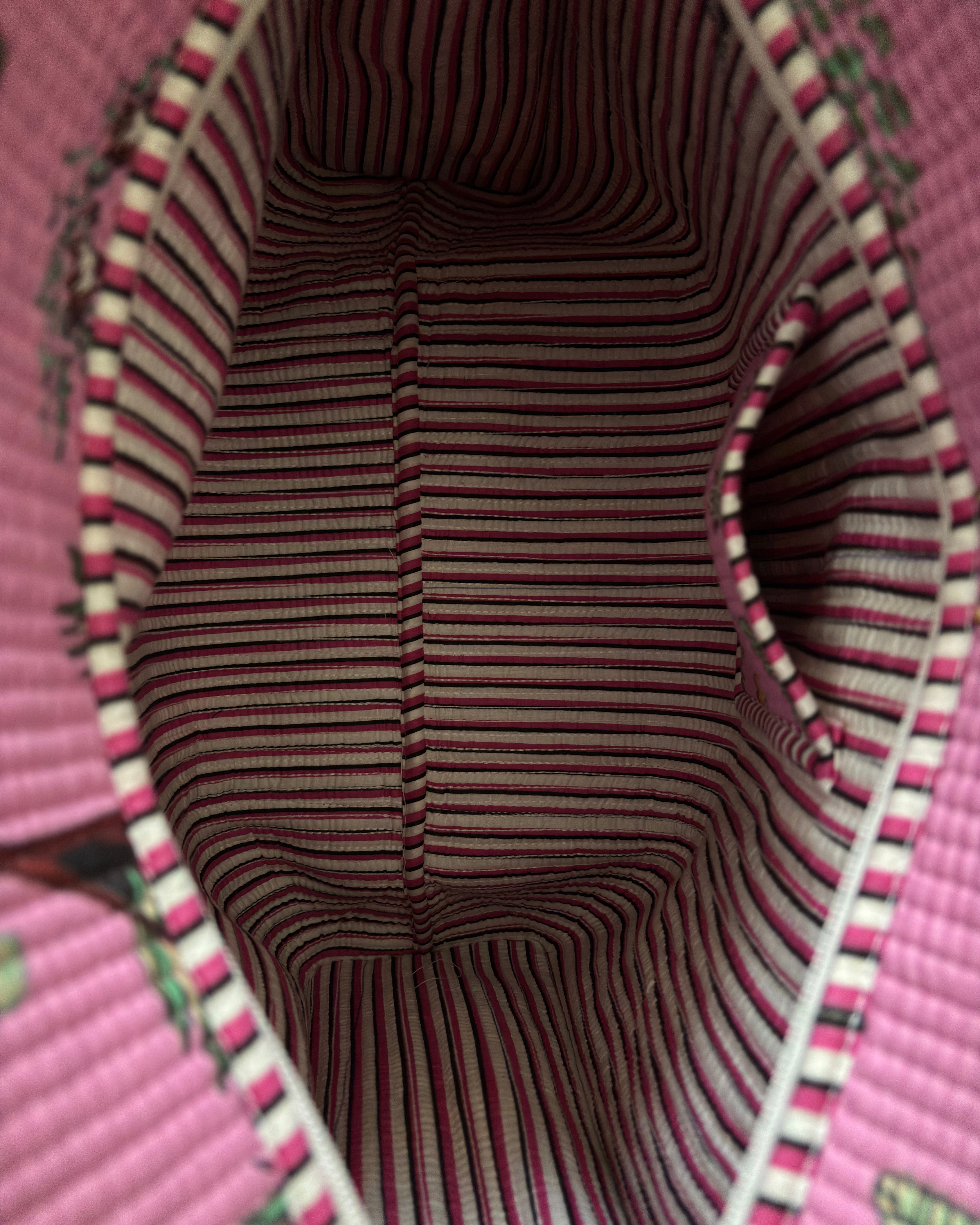 Blossom Pink Exotic Safari Quilted Canvas Tote Bag | Handcrafted Cotton Shoulder Bag with Inner Pocket | Gulabi Craft