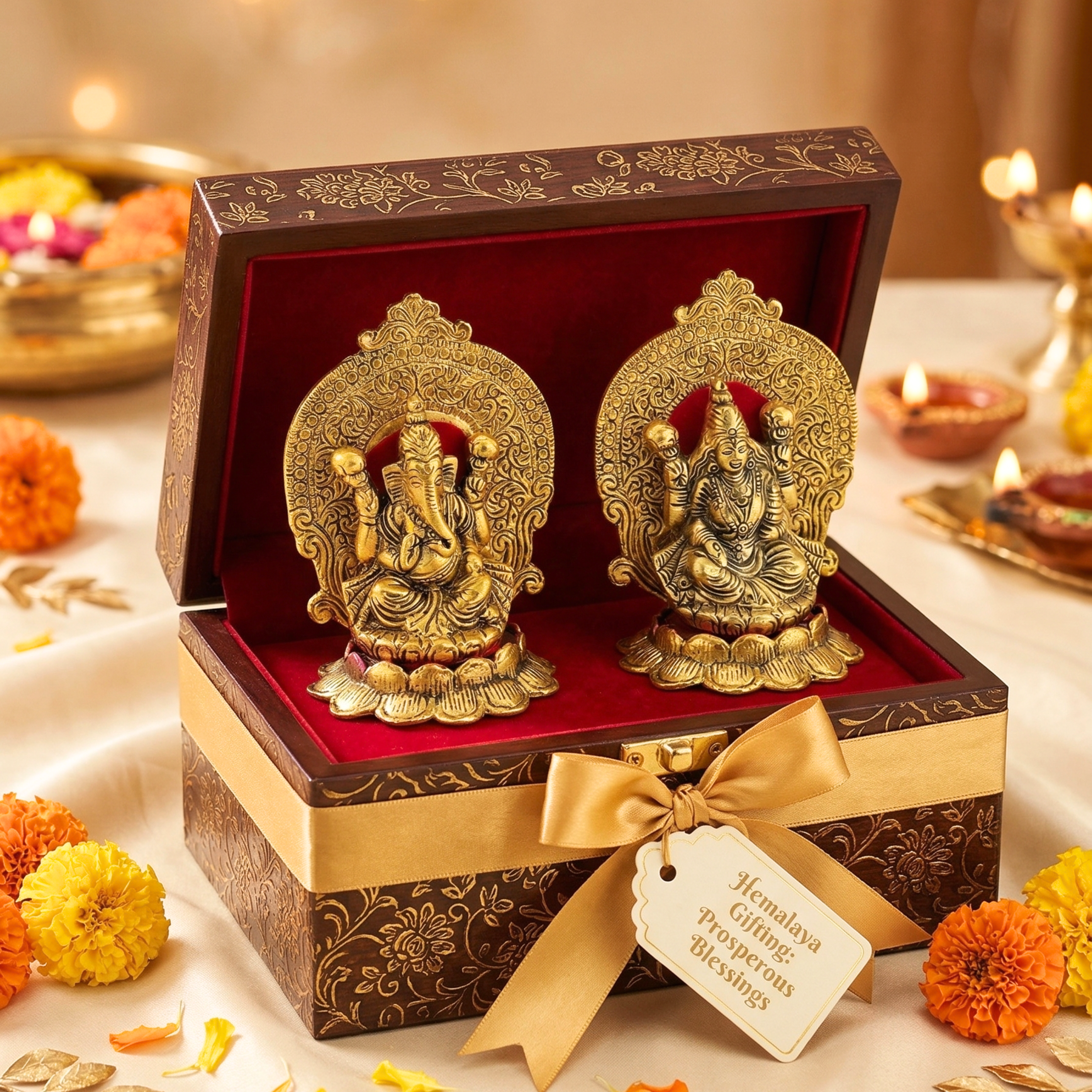 Gulabi Craft Kamal Mehrab Laxmi Ganesha Idol Set – Antique Gold Finish Pooja Room Decor & Auspicious Gift Item