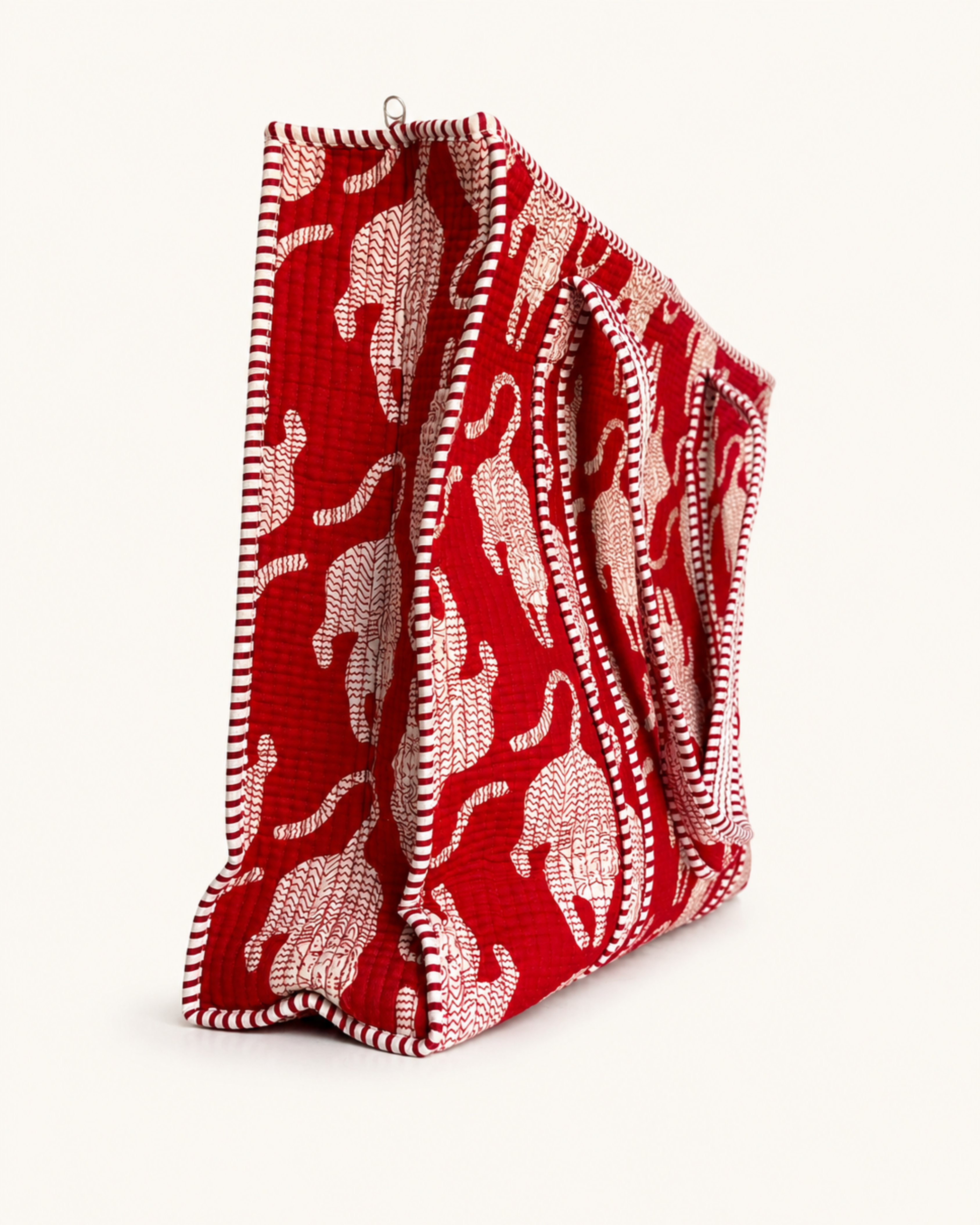 Crimson Red Stylized Tiger Print Handcrafted Quilted Canvas Tote Bag with Inner Pocket for Travel | Gulabi Craft
