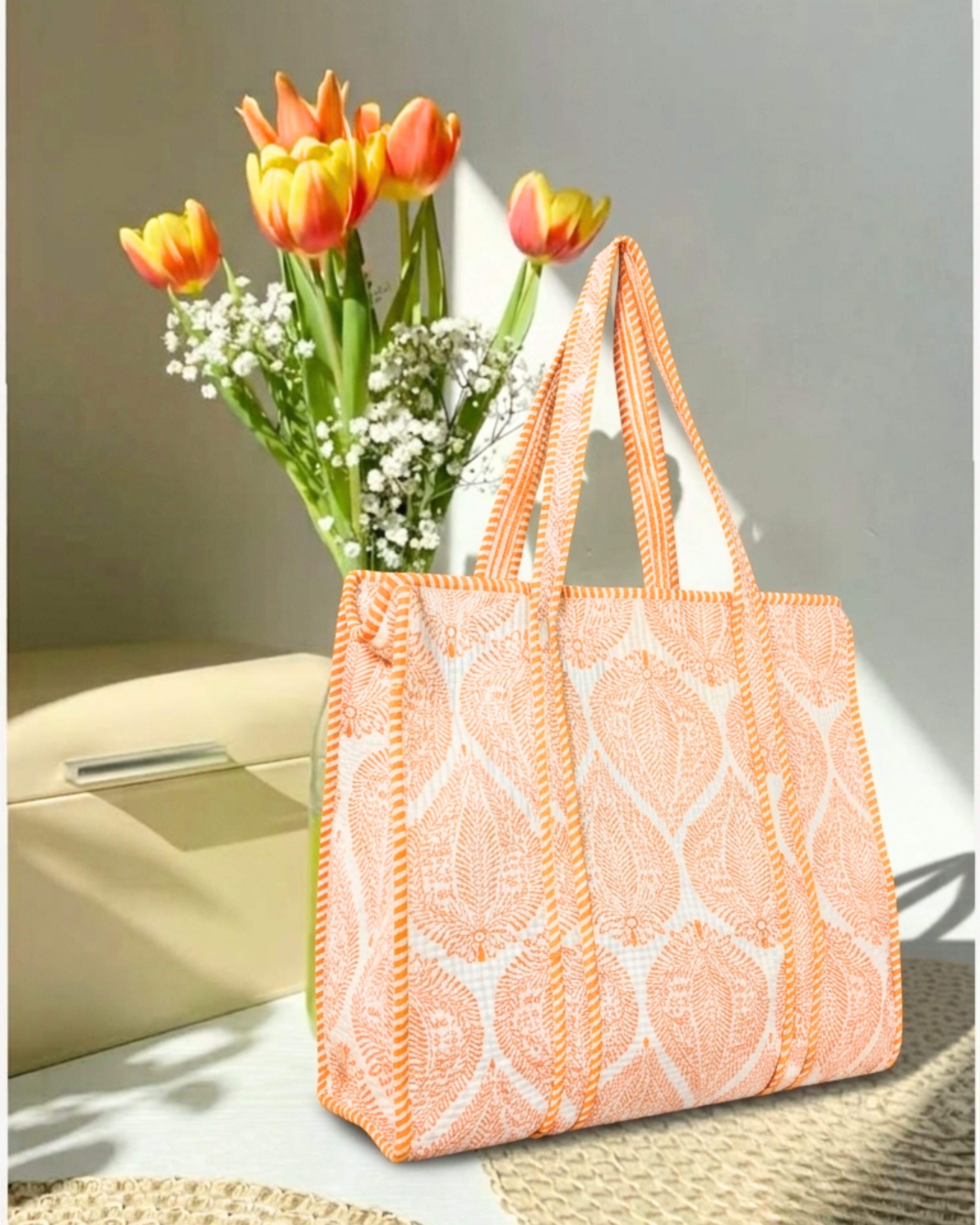 Saffron Leaf Tote Bag & Red Gingham Toiletry Pouch Gift Set | 4-Piece Quilted Cotton Travel Combo