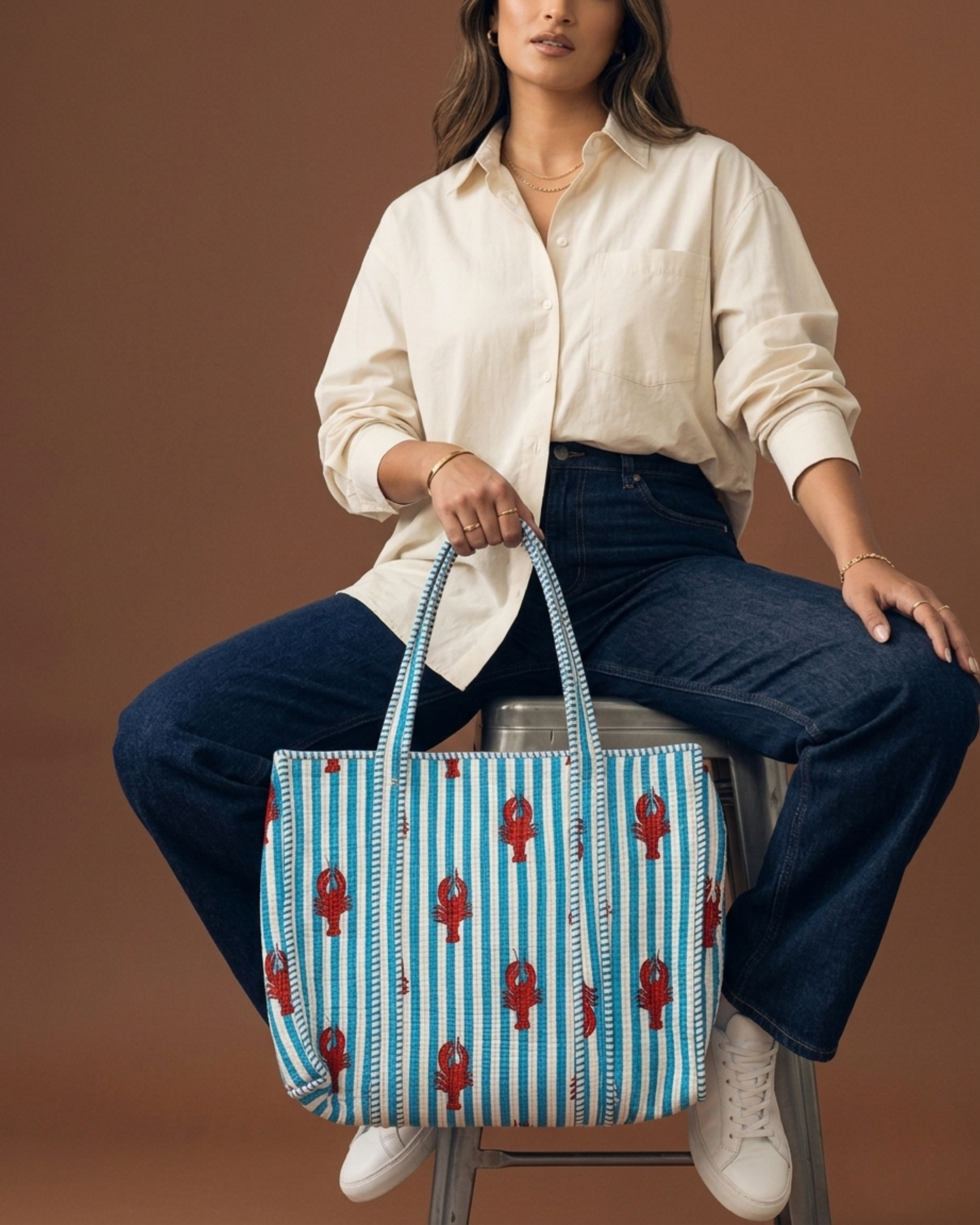 Ocean Blue Striped Red Lobster Quilted Canvas Tote Bag | Handcrafted Cotton Shoulder Bag for Travel & Shopping | Gulabi Craft