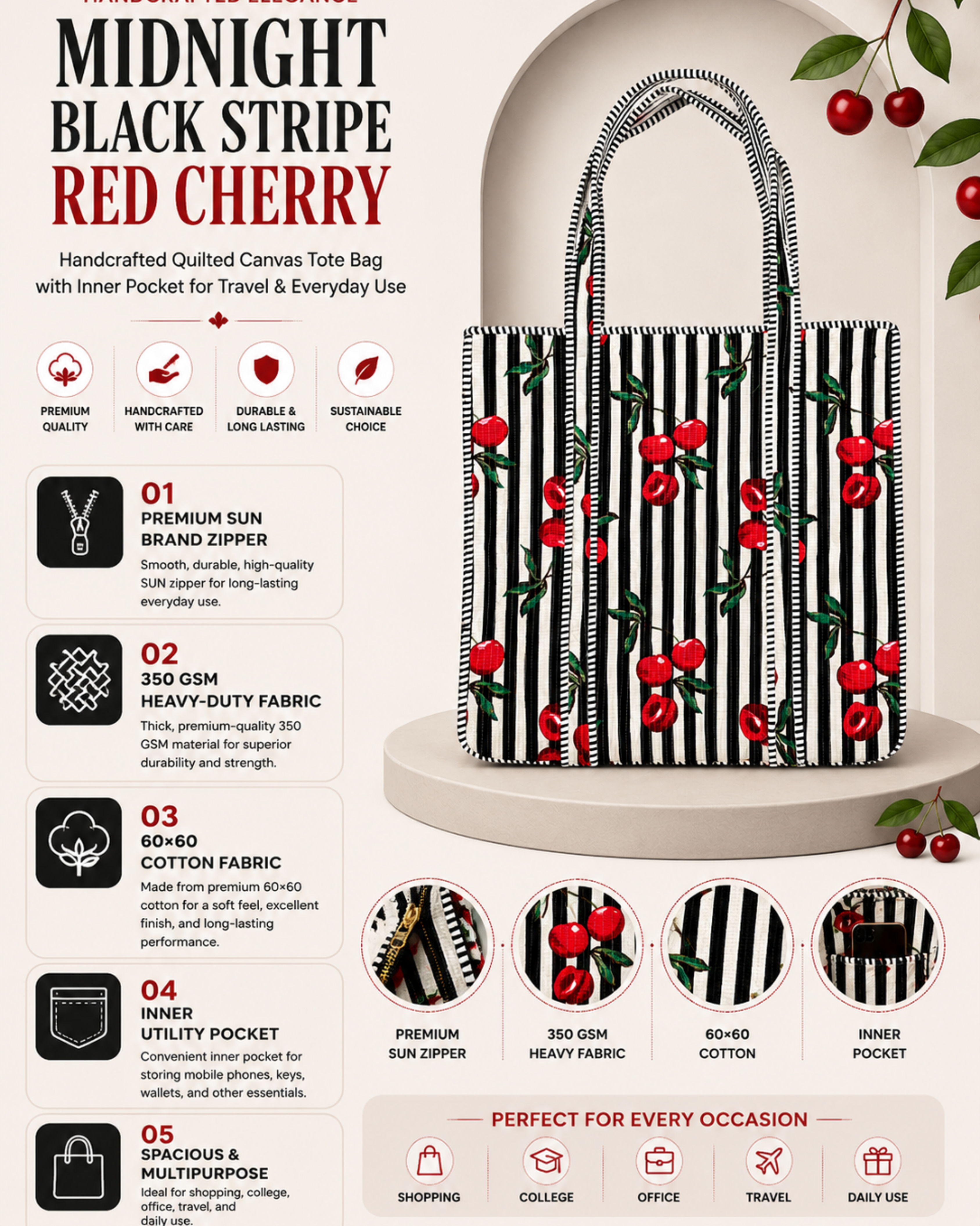 Midnight Black Stripe Red Cherry Handcrafted Quilted Canvas Tote Bag with Inner Pocket for Travel | Gulabi Craft