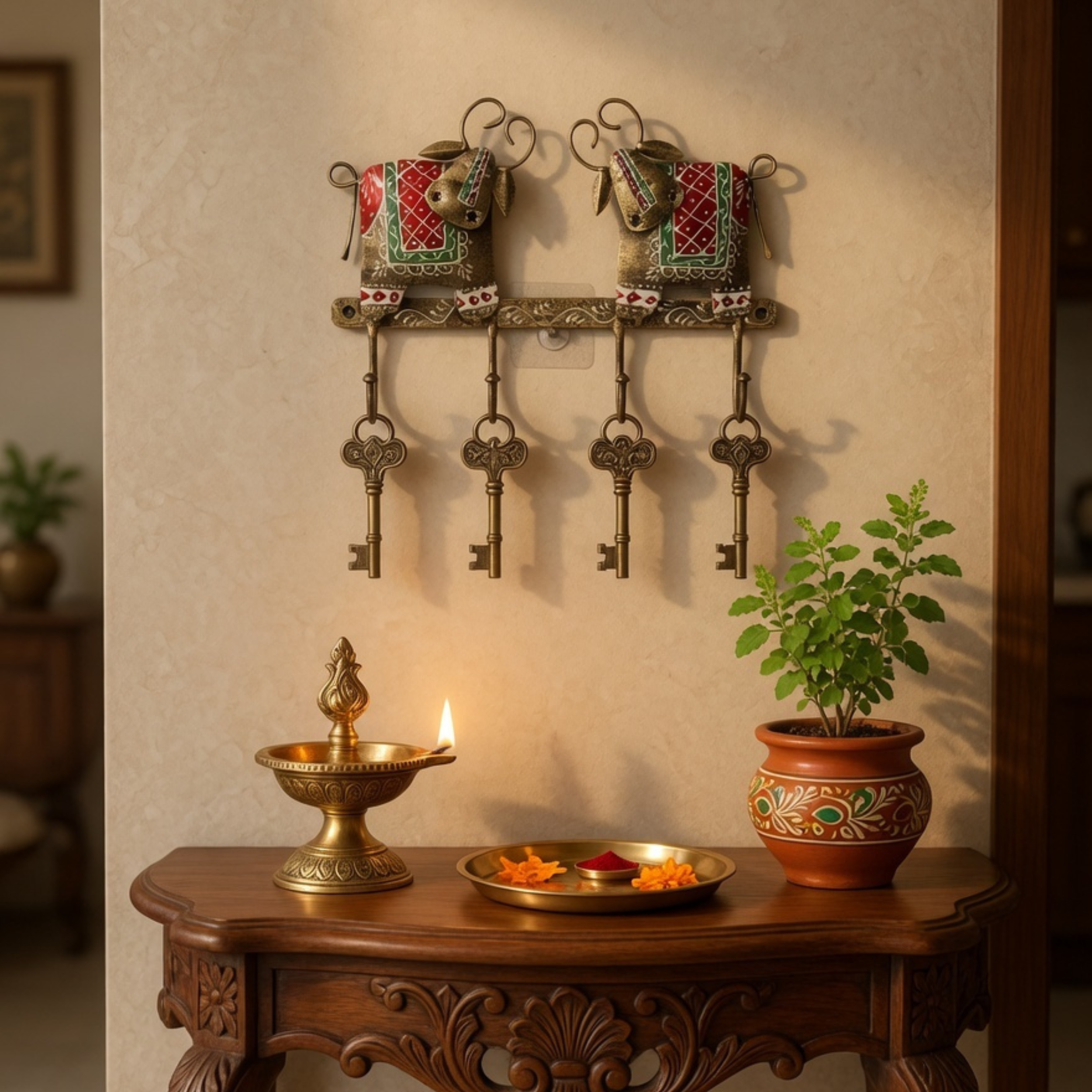 Gulabi Craft Handcrafted Twin Cow Key Holder – Antique Metal Wall Hook for Entryway Decor & Gifting