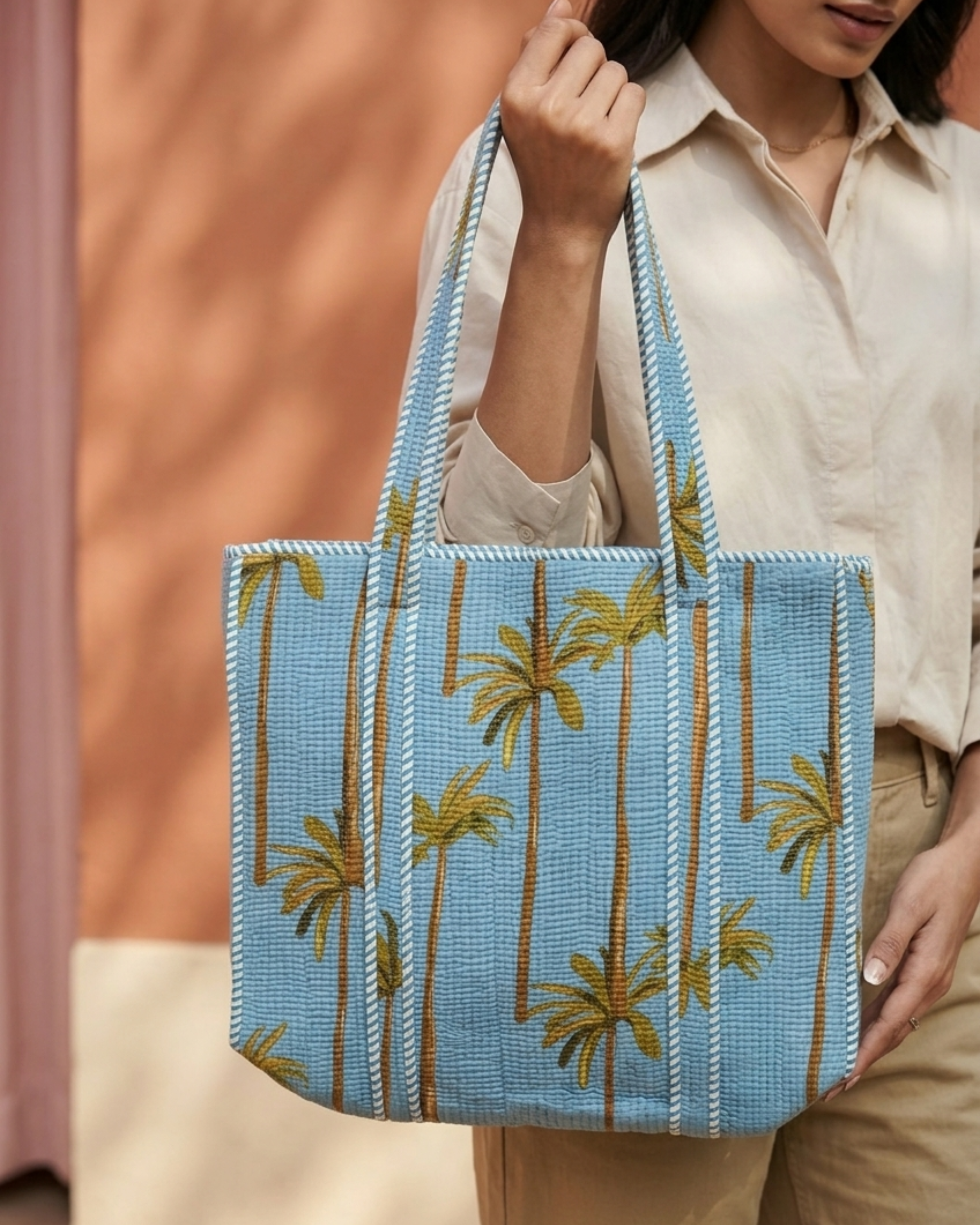 Sky Blue Palm Tree Quilted Canvas Tote Bag | Handcrafted Cotton Shoulder Bag with Inner Pocket | Gulabi Craft