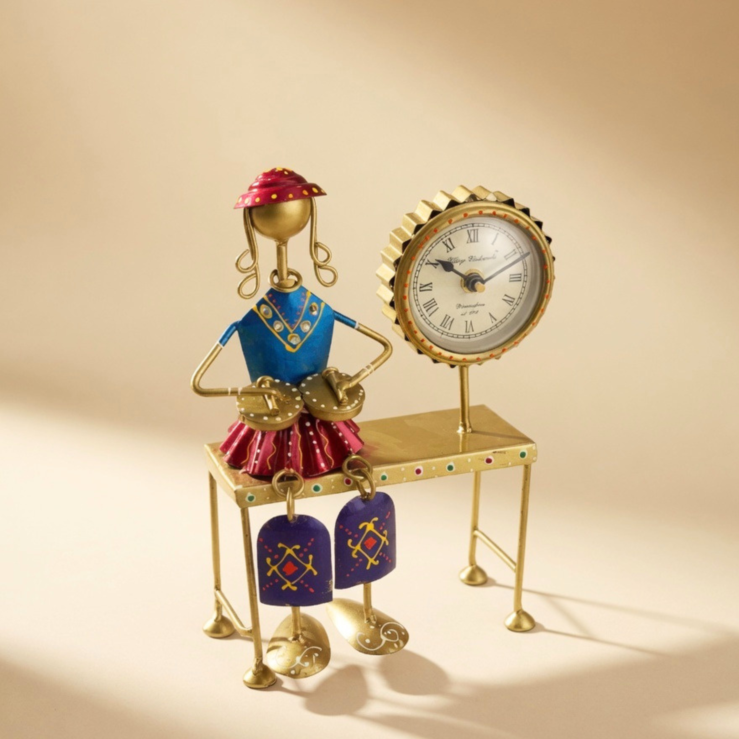 Handmade Musician Lady Table Clock β Vintage Metal Desk Decor Showpiece