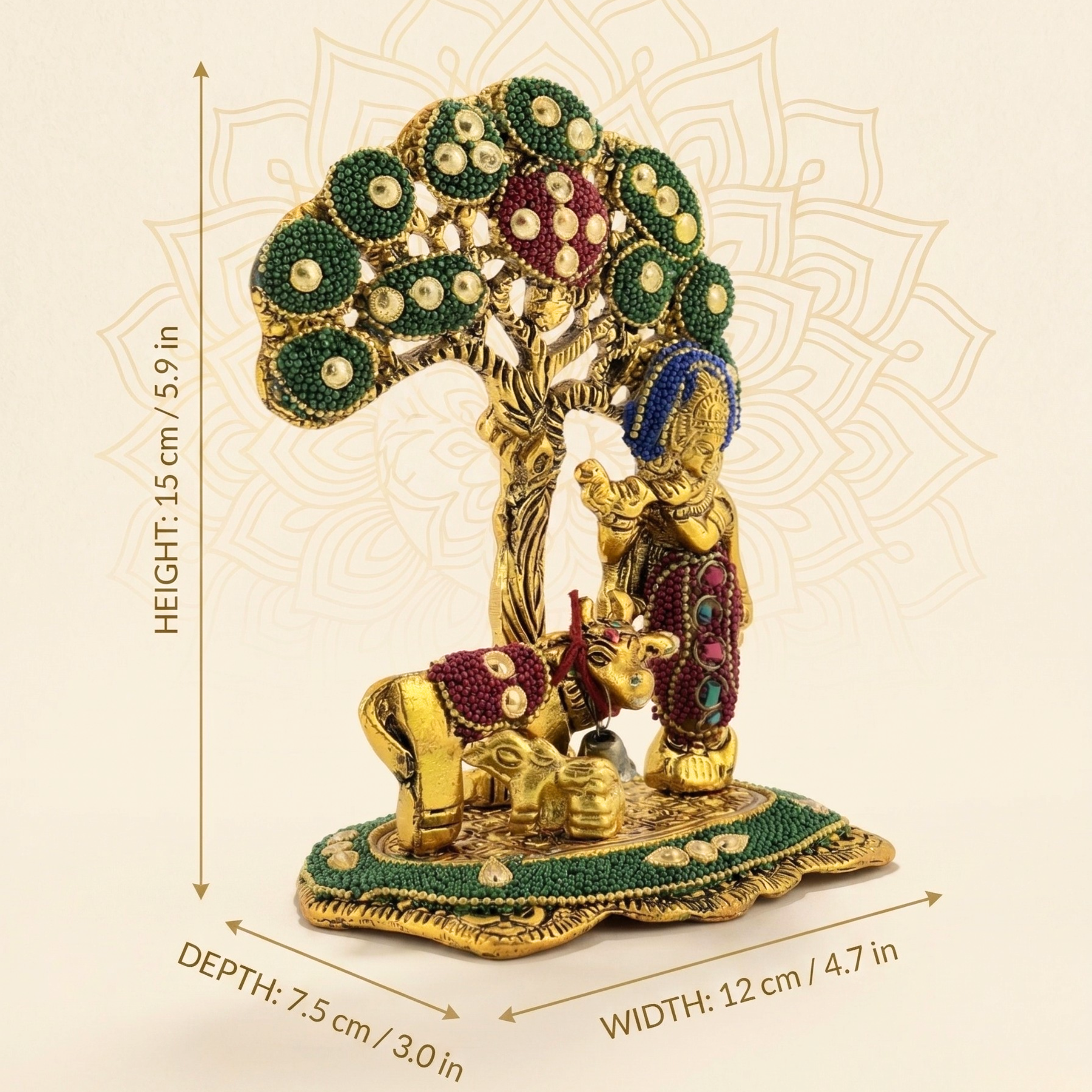 Gulabi Craft Handcrafted Stone Kadam Krishna with Cow Idol – Antique Gold Finish Table Decor & Premium Gift Item