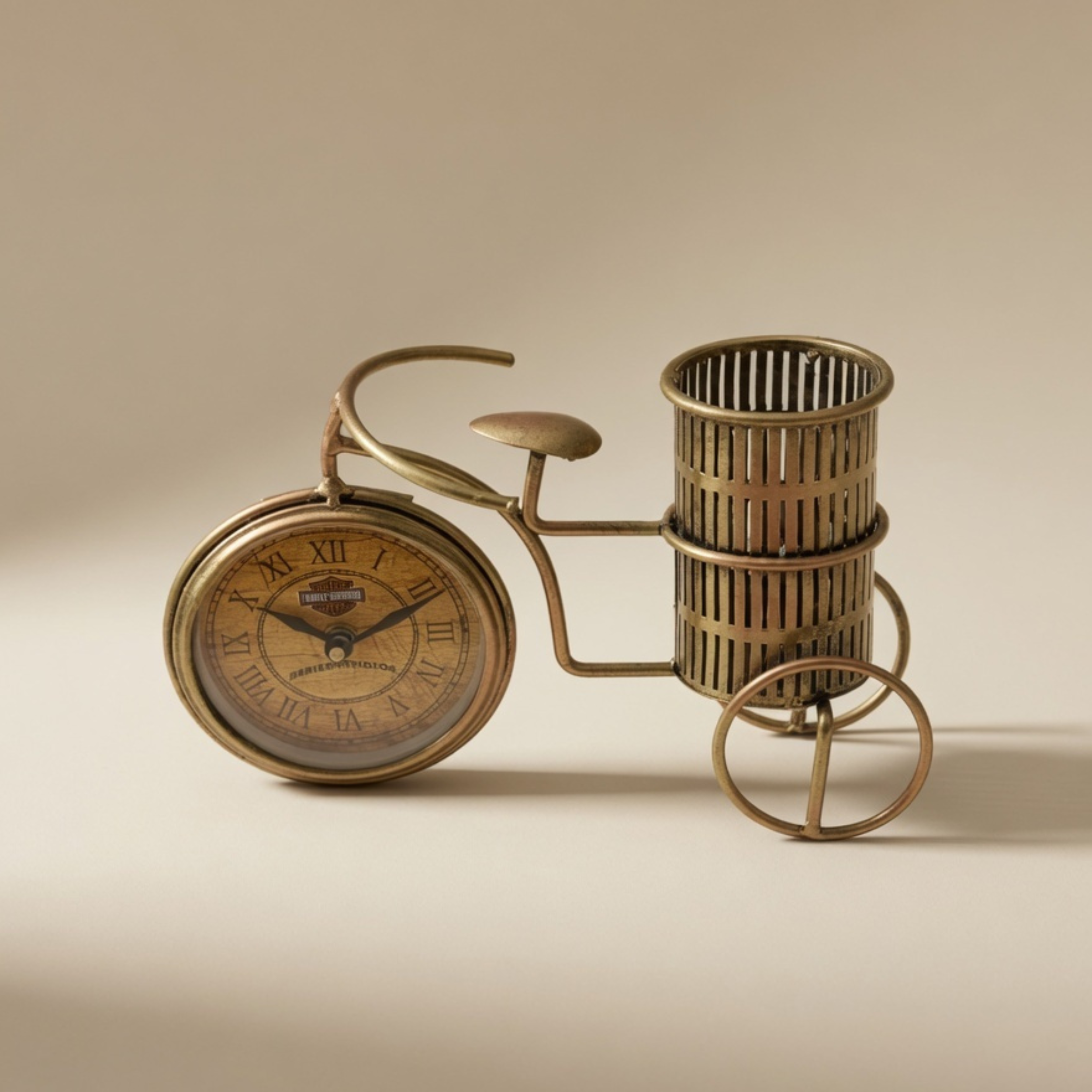 Handmade Vintage Bicycle Clock Pen Holder โ Antique Metal Desk Decor | Gulabi Craft