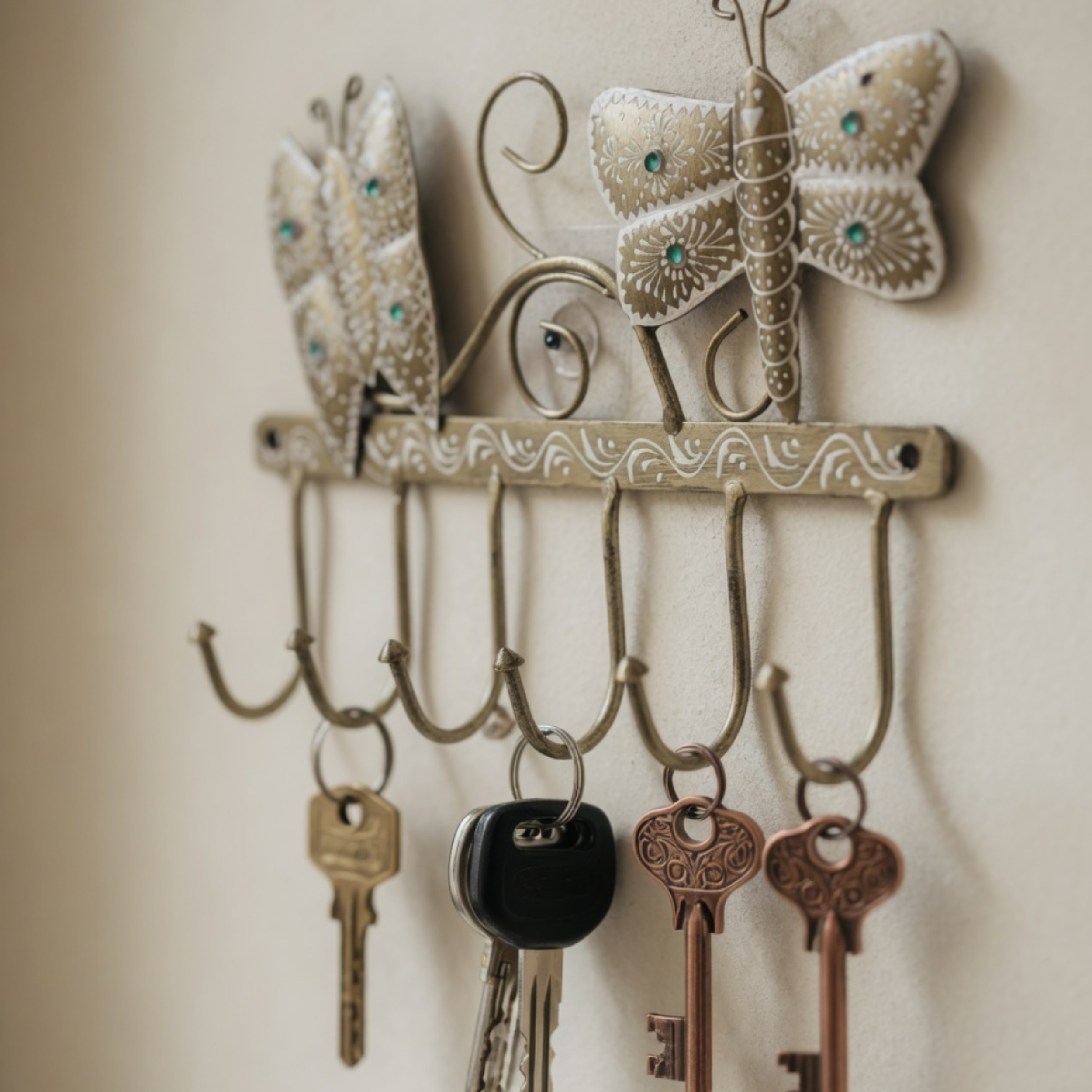 Gulabi Craft Handcrafted Butterfly Key Holder – Antique Gold Metal Wall Hook for Entryway Decor & Gifting