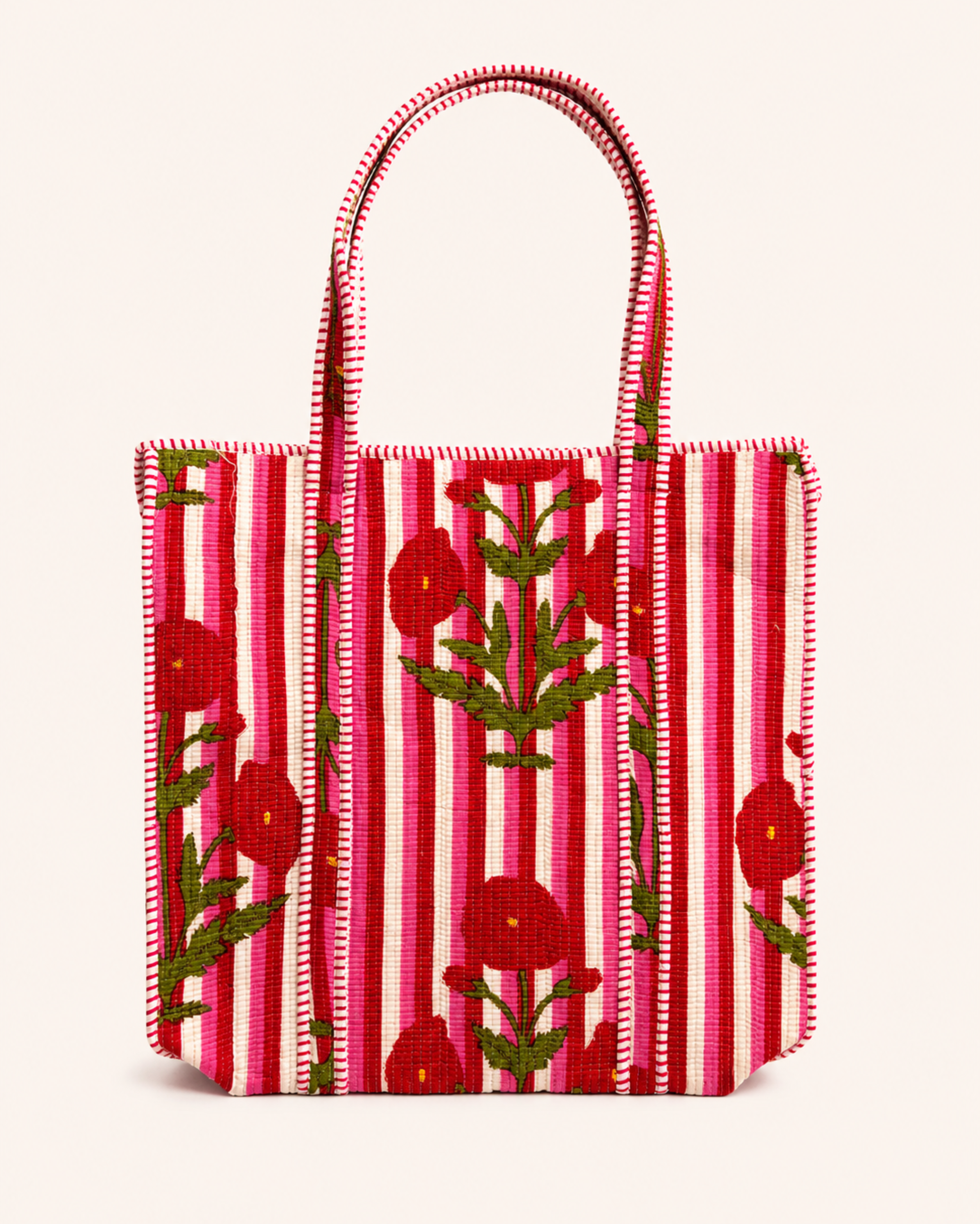 Pink Candy Stripe Red Poppy Quilted Canvas Tote Bag | Handcrafted Cotton Shoulder Bag with Inner Pocket | Gulabi Craft