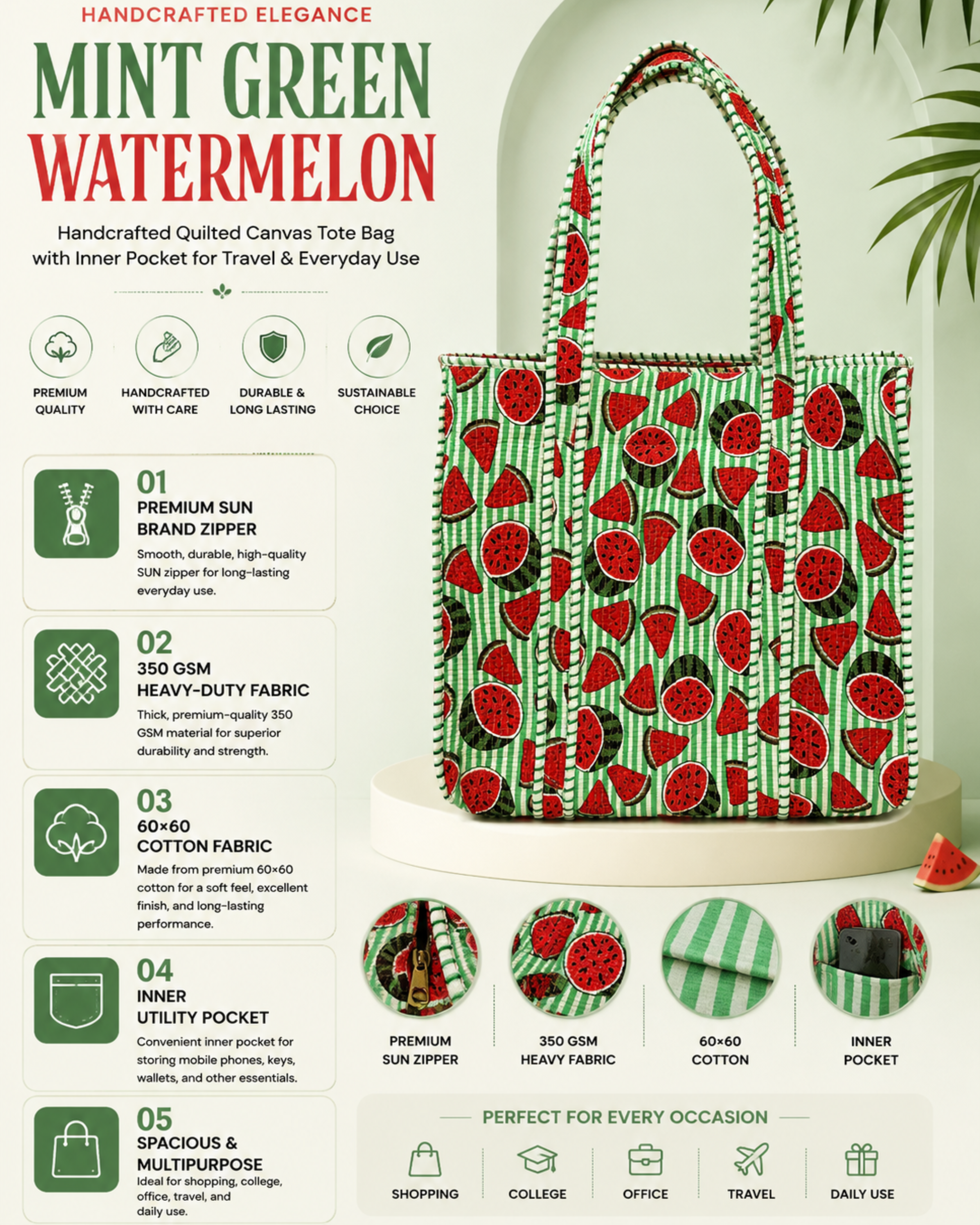 Mint Green Watermelon Quilted Canvas Tote Bag | Handcrafted Cotton Shoulder Bag with Inner Pocket