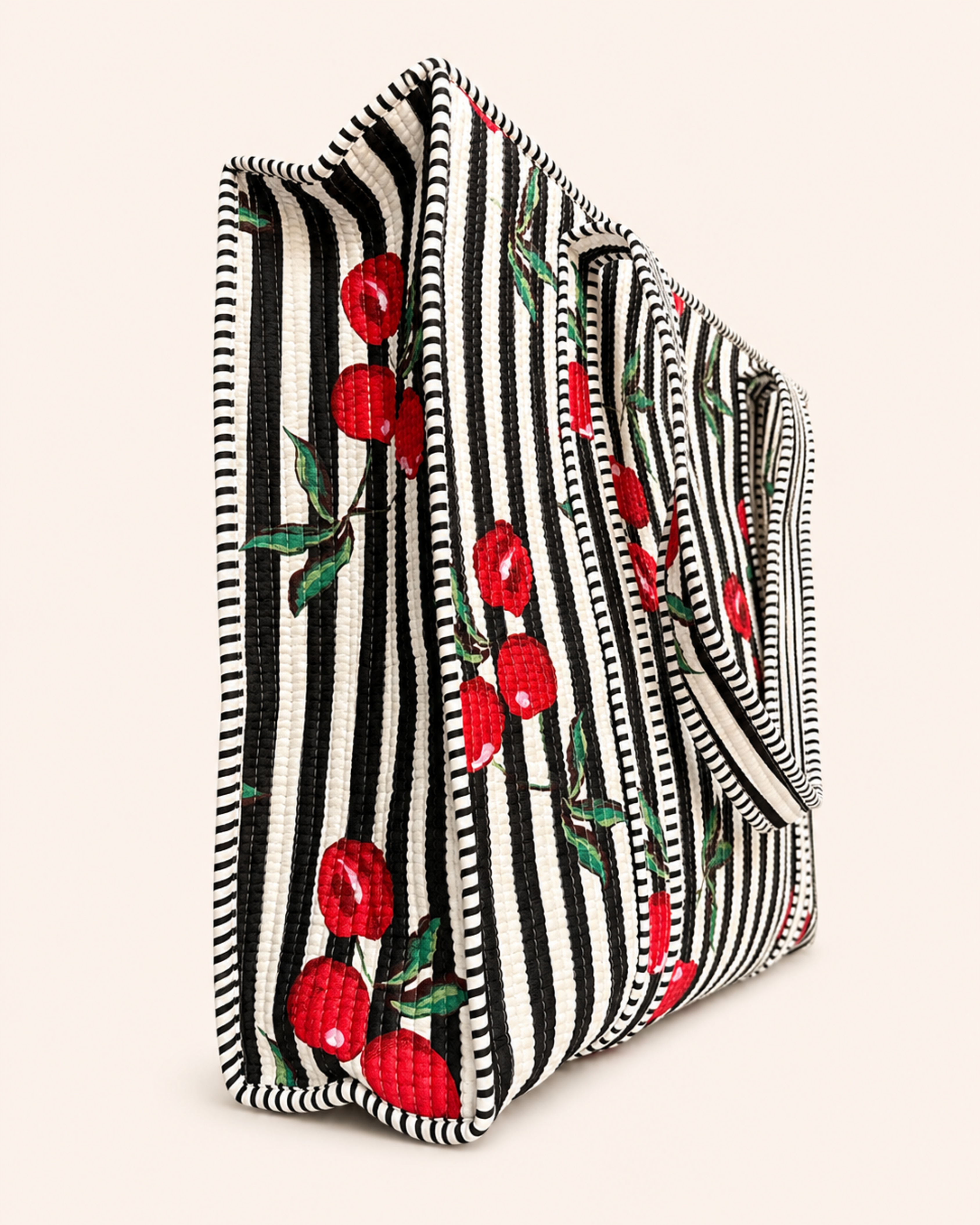 Midnight Black Stripe Red Cherry Handcrafted Quilted Canvas Tote Bag with Inner Pocket for Travel | Gulabi Craft