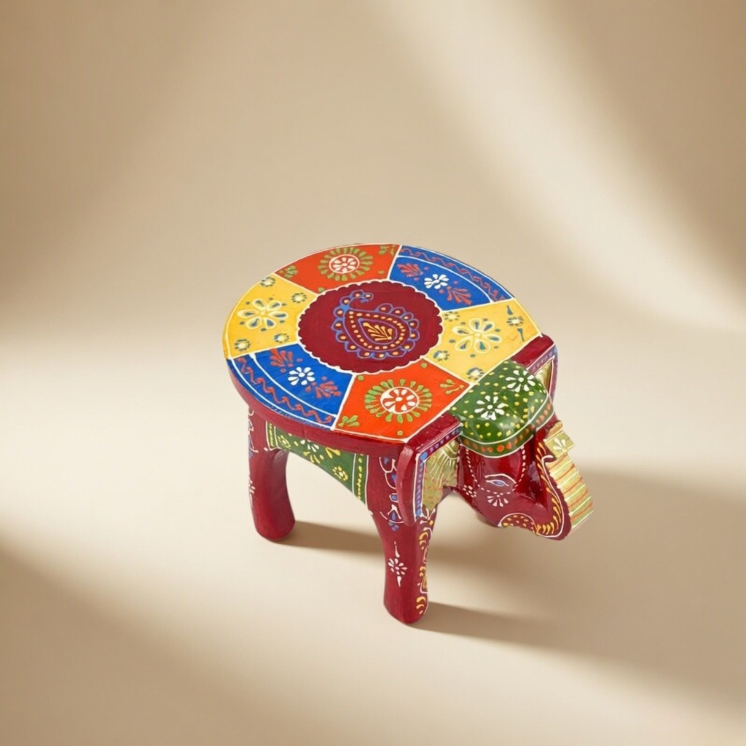 Gulabi Craft Handcrafted Red Wooden Elephant Stool (6-Inch) – Traditional Indian Hand-Painted Table Decor & Festive Gift Item