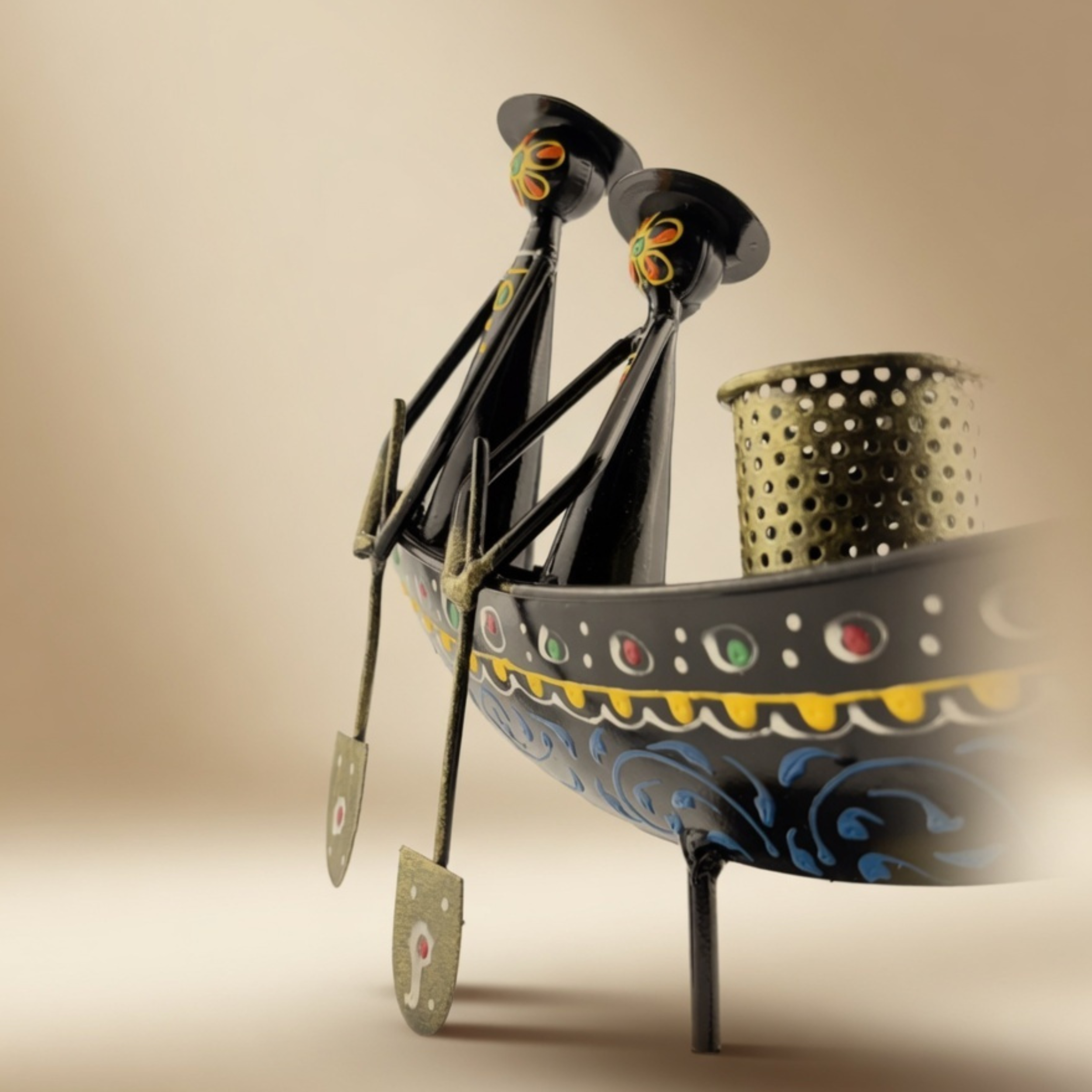Handcrafted Metal Boat Pan Stand with Candle Holder – Tribal Ethnic Home Decor