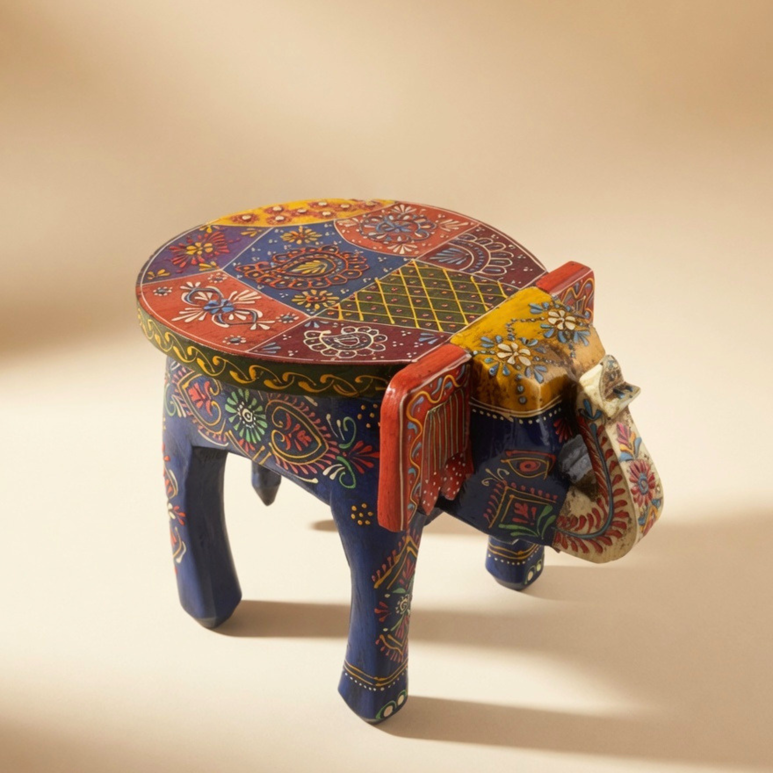 Gulabi Craft Handcrafted Blue Wooden Elephant Stool (8-Inch) – Royal Rajasthani Painted Decorative Side Table & Accent Piece