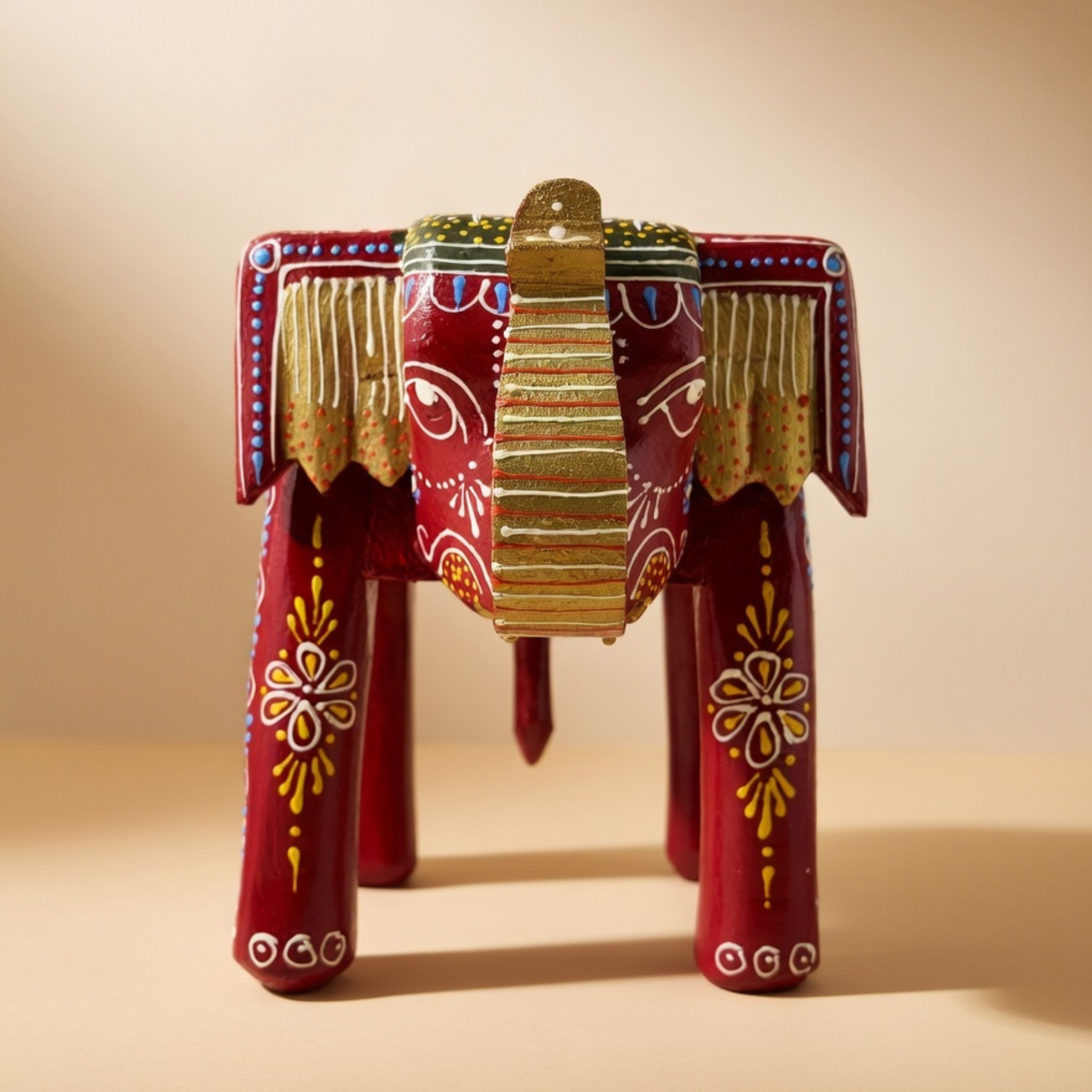 Gulabi Craft Premium Red Wooden Elephant Stool (8-Inch) – Hand-Painted Traditional Accent Table & Home Decor
