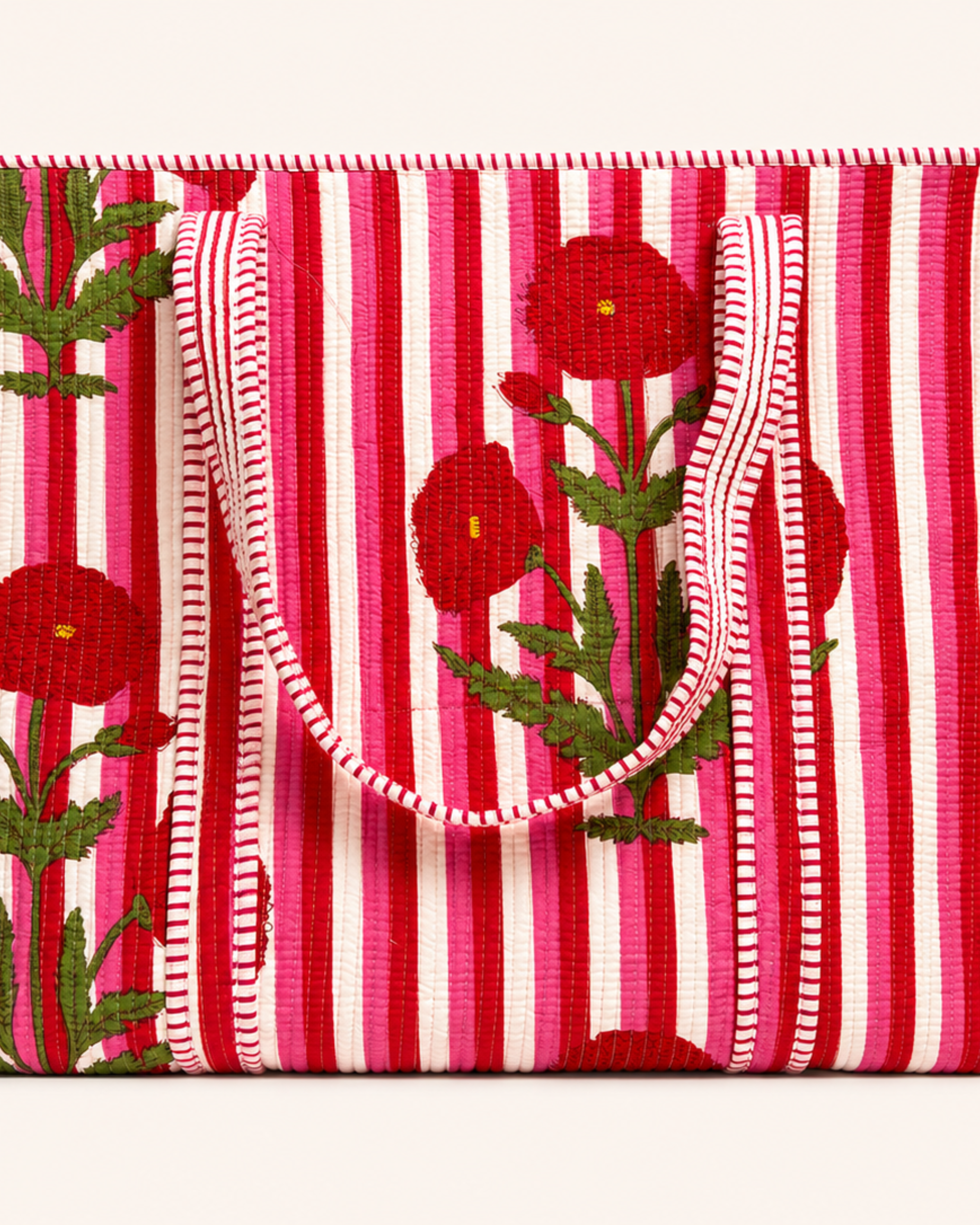 Pink Candy Stripe Red Poppy Quilted Canvas Tote Bag | Handcrafted Cotton Shoulder Bag with Inner Pocket | Gulabi Craft