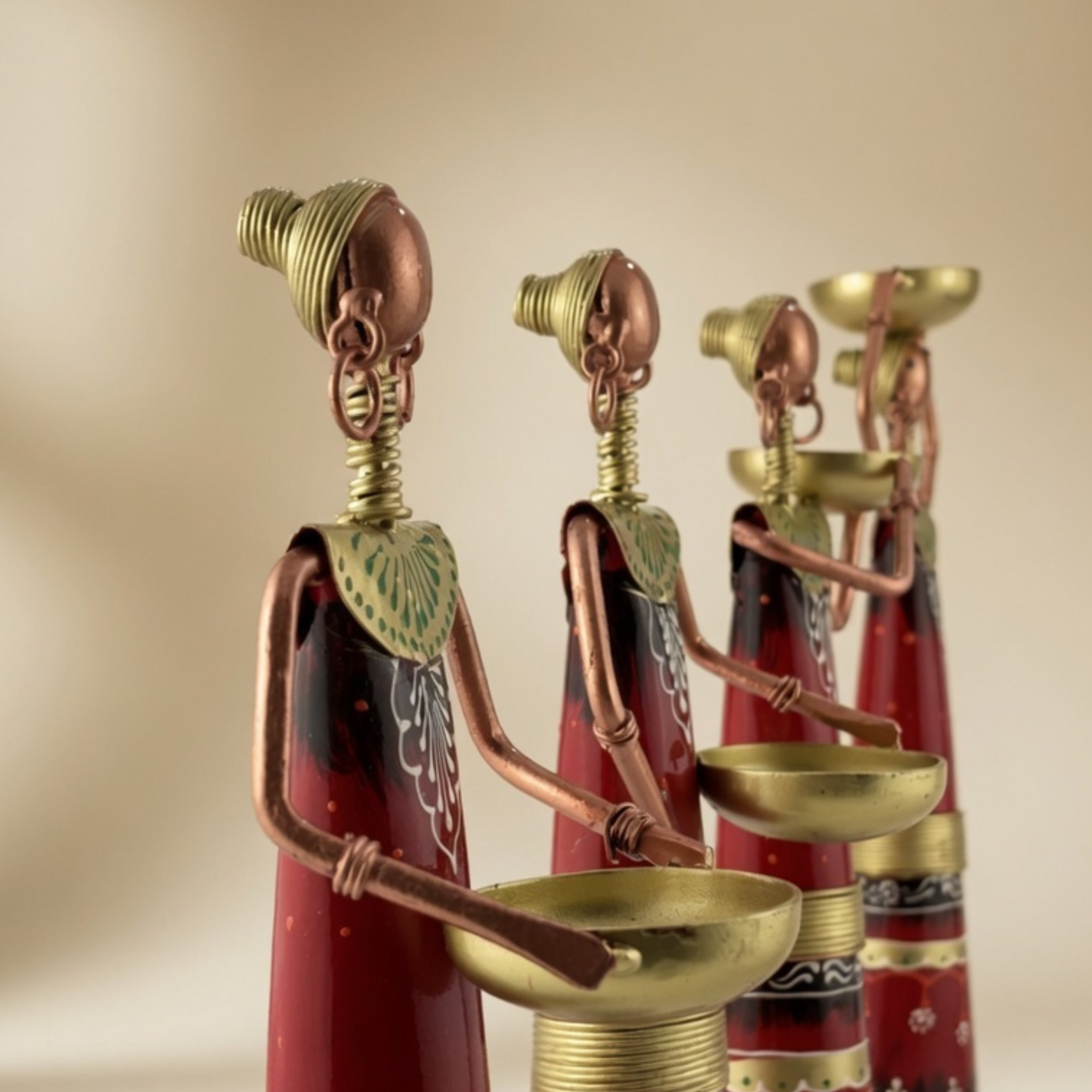 Handmade Tribal Lady Figurines Set – Metal Rajasthani Ethnic Home Decor (4 pcs)
