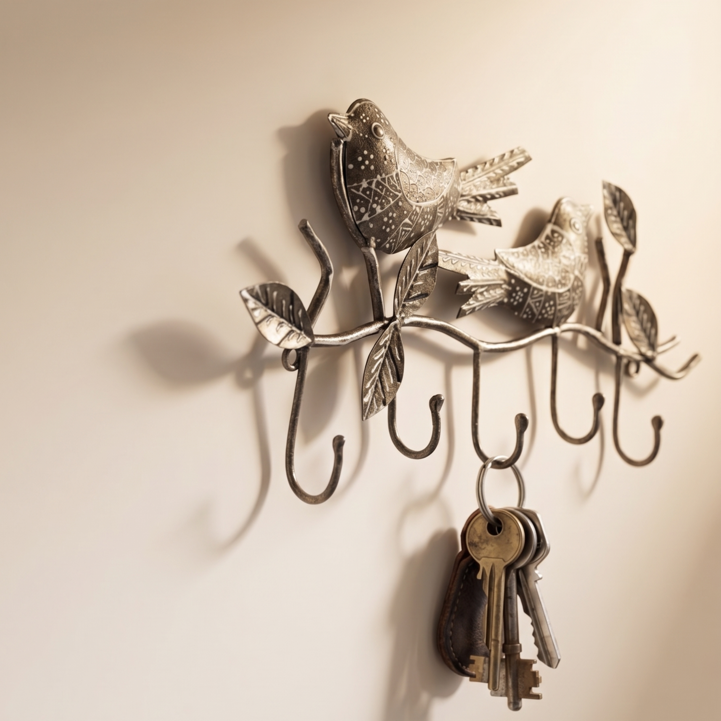 Gulabi Craft Handcrafted 2 Bird Key Holder – Antique Silver Metal Wall Hook for Entryway Decor & Housewarming Gifts