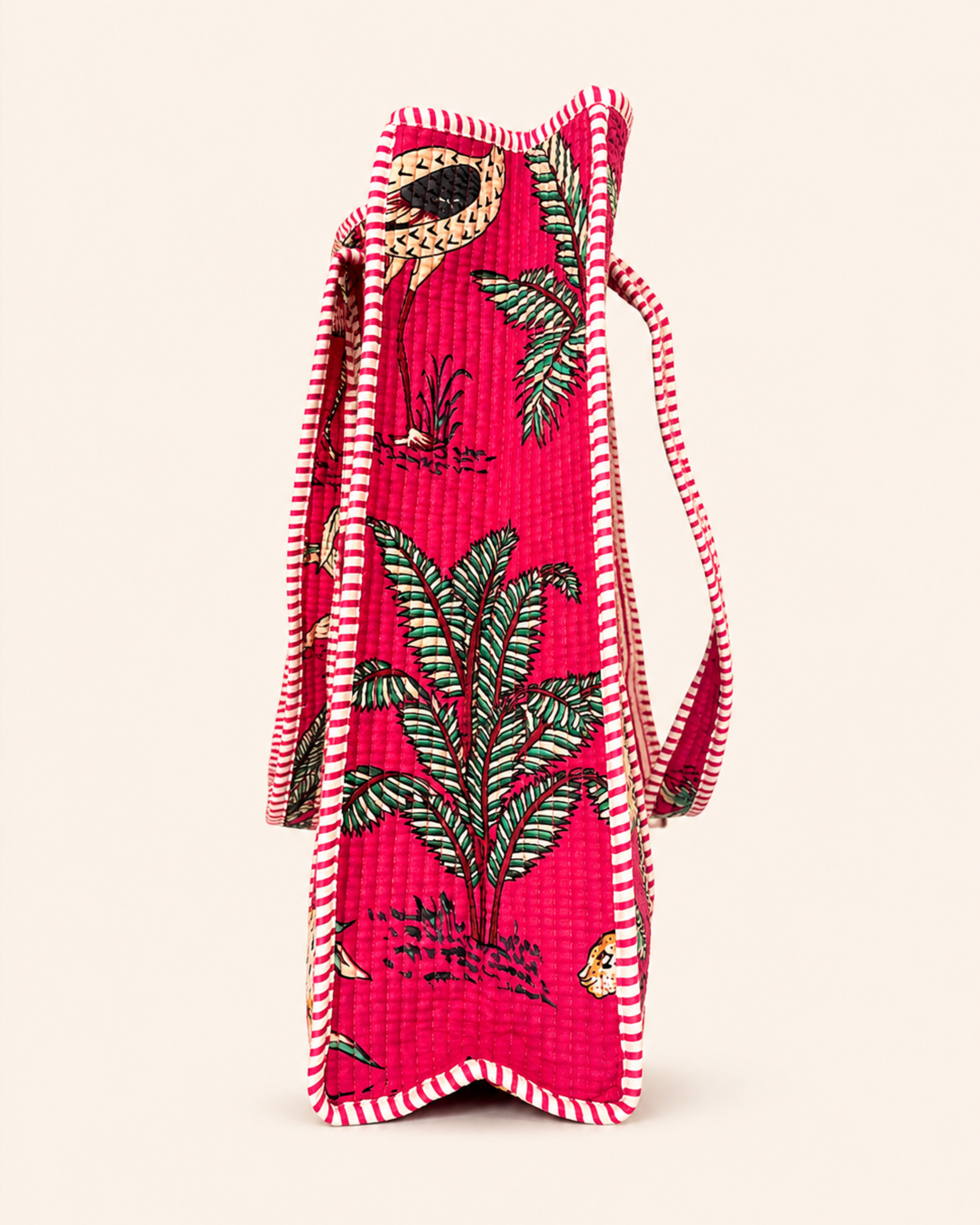 Fuchsia Pink Tropical Safari Quilted Canvas Tote Bag | Handcrafted Cotton Shoulder Bag with Inner Pocket | Gulabi Craft