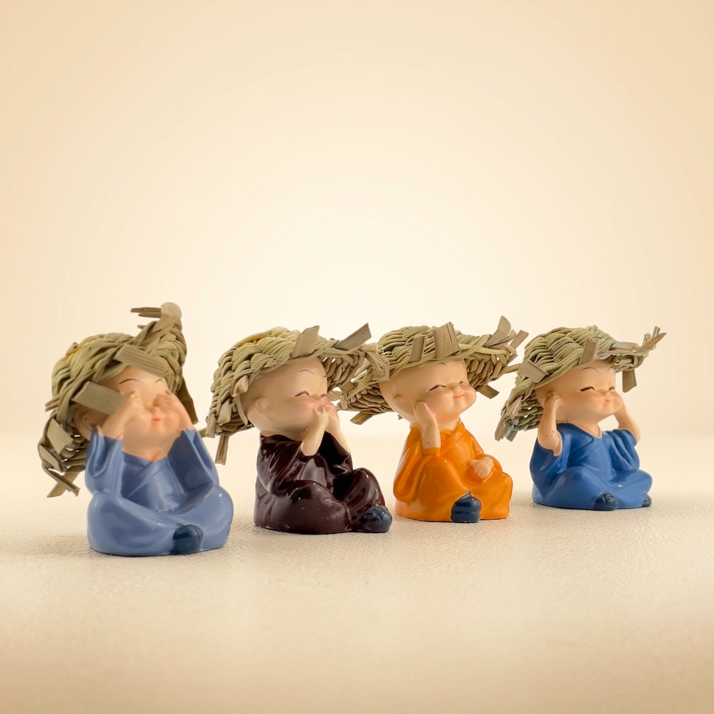 Handcrafted Mindful Monk Mini Statue Set – 4 Cute Zen Figurines for Home Decor & Gifting | Gulabi Craft