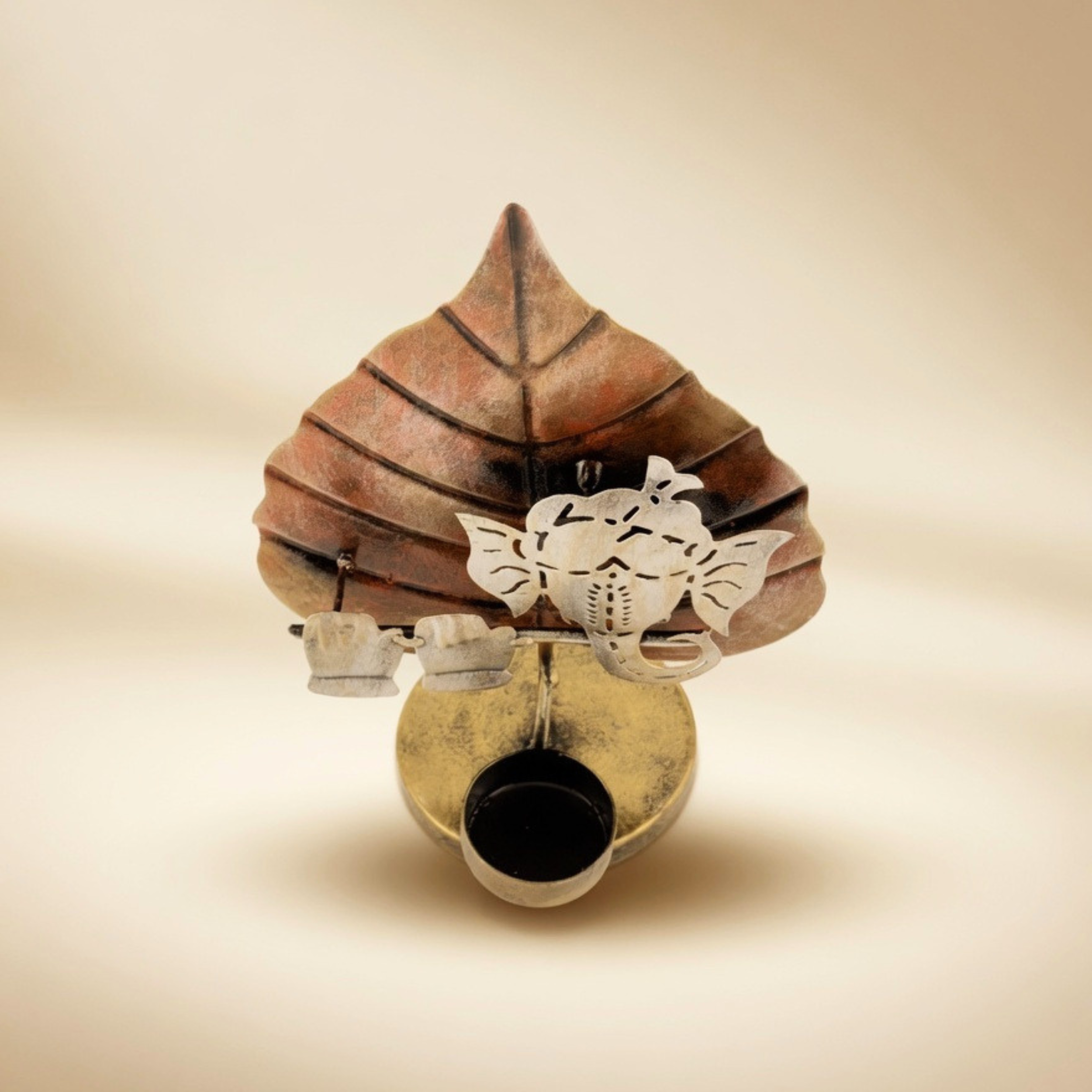 Handcrafted Ganesh Leaf Tealight Holder Brown | Spiritual Home Decor & Gift | Gulabi Craft