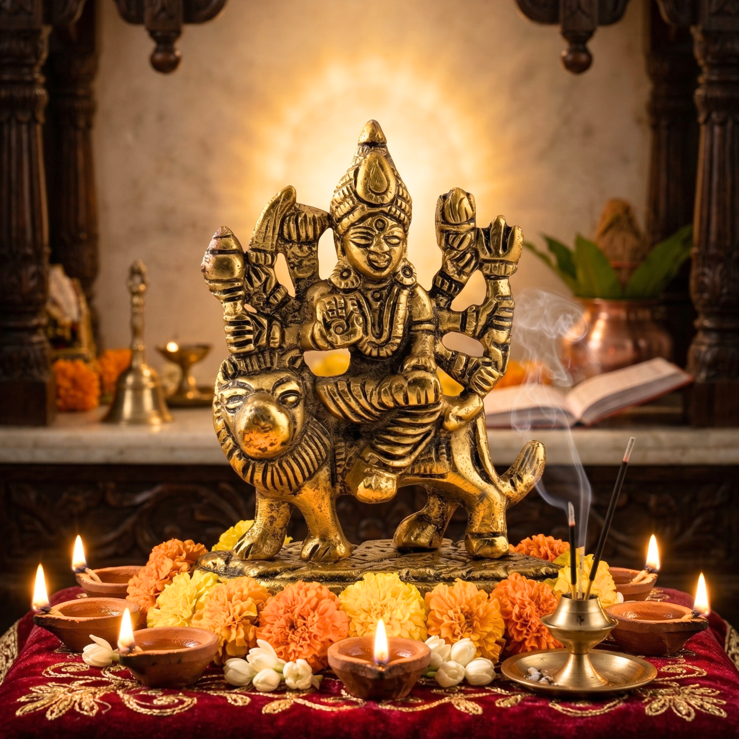Handcrafted Sherawali Maa Idol – Antique Gold Metal Durga Statue for Pooja Room & Home Decor | Gulabi Craft