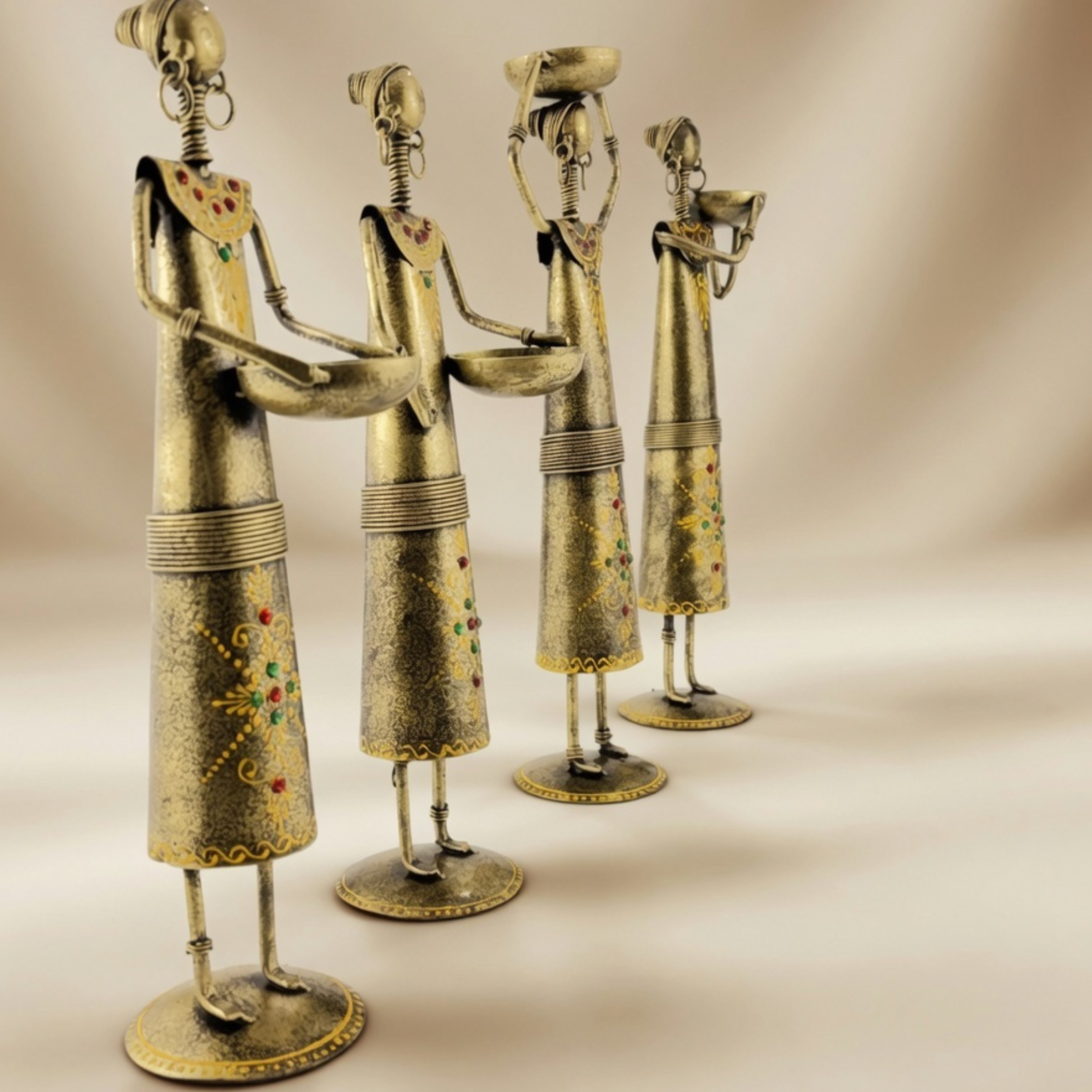 Handcrafted Labour Lady Showpiece Set of 4 – Vintage Metal Tribal Home Decor Table Figurines | Gulabi Craft
