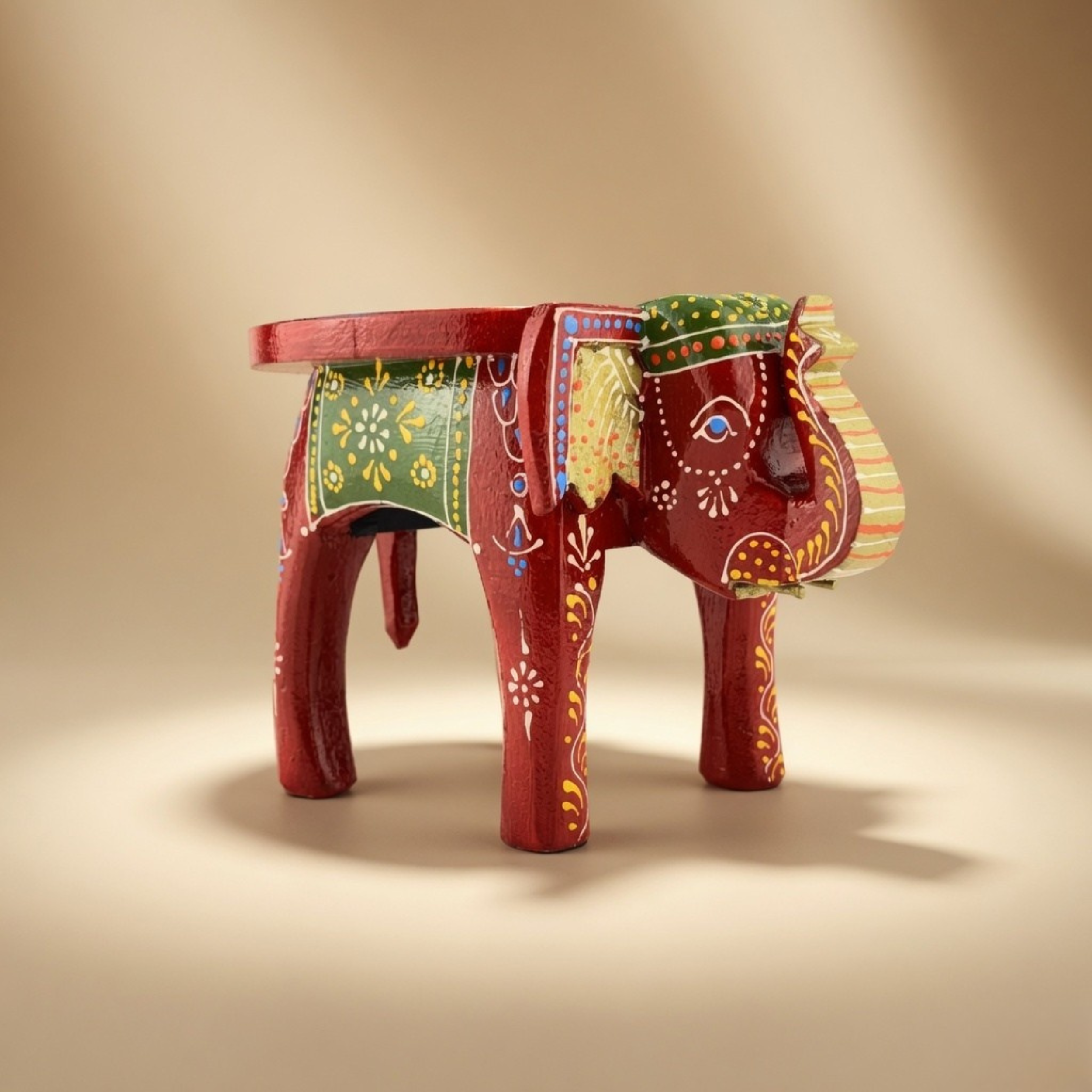 Gulabi Craft Handcrafted Red Wooden Elephant Stool (6-Inch) – Traditional Indian Hand-Painted Table Decor & Festive Gift Item