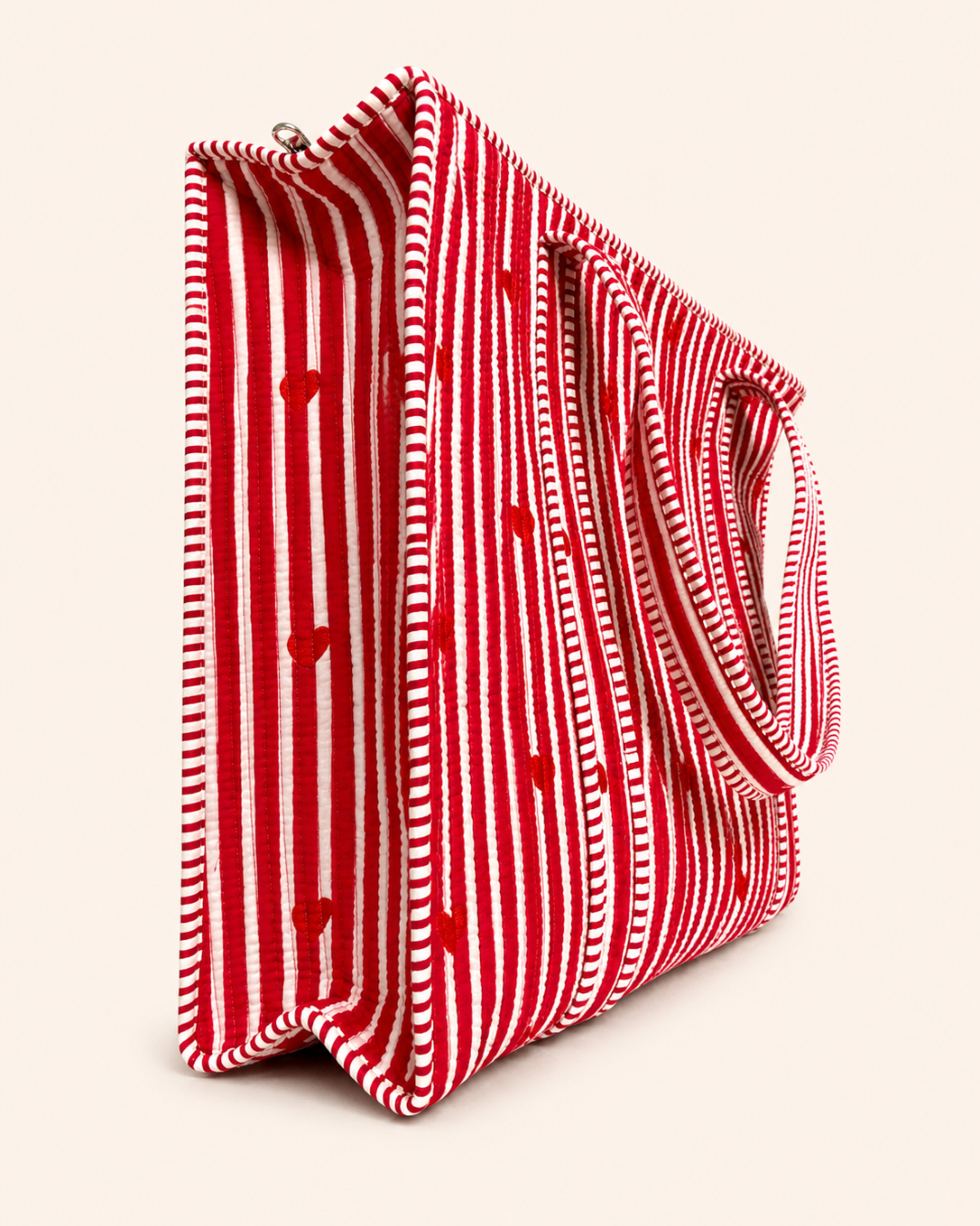 Red Stripe Red Heart Quilted Canvas Tote Bag | Handcrafted Cotton Shoulder Bag with Inner Pocket | Gulabi Craft