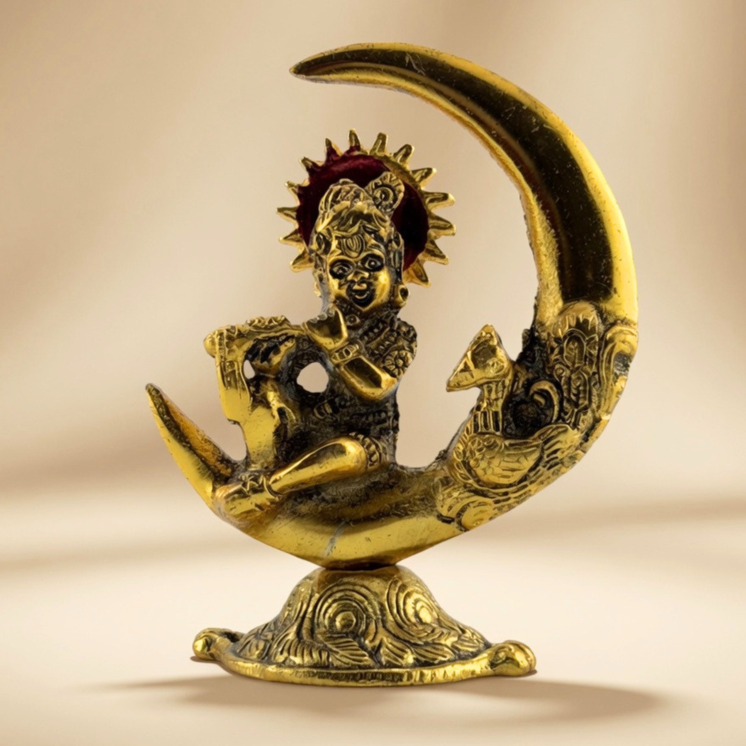 Handmade Metal Krishna Sitting on Moon with Peacock โ Vintage Spiritual Home Decor | Gulabi Craft