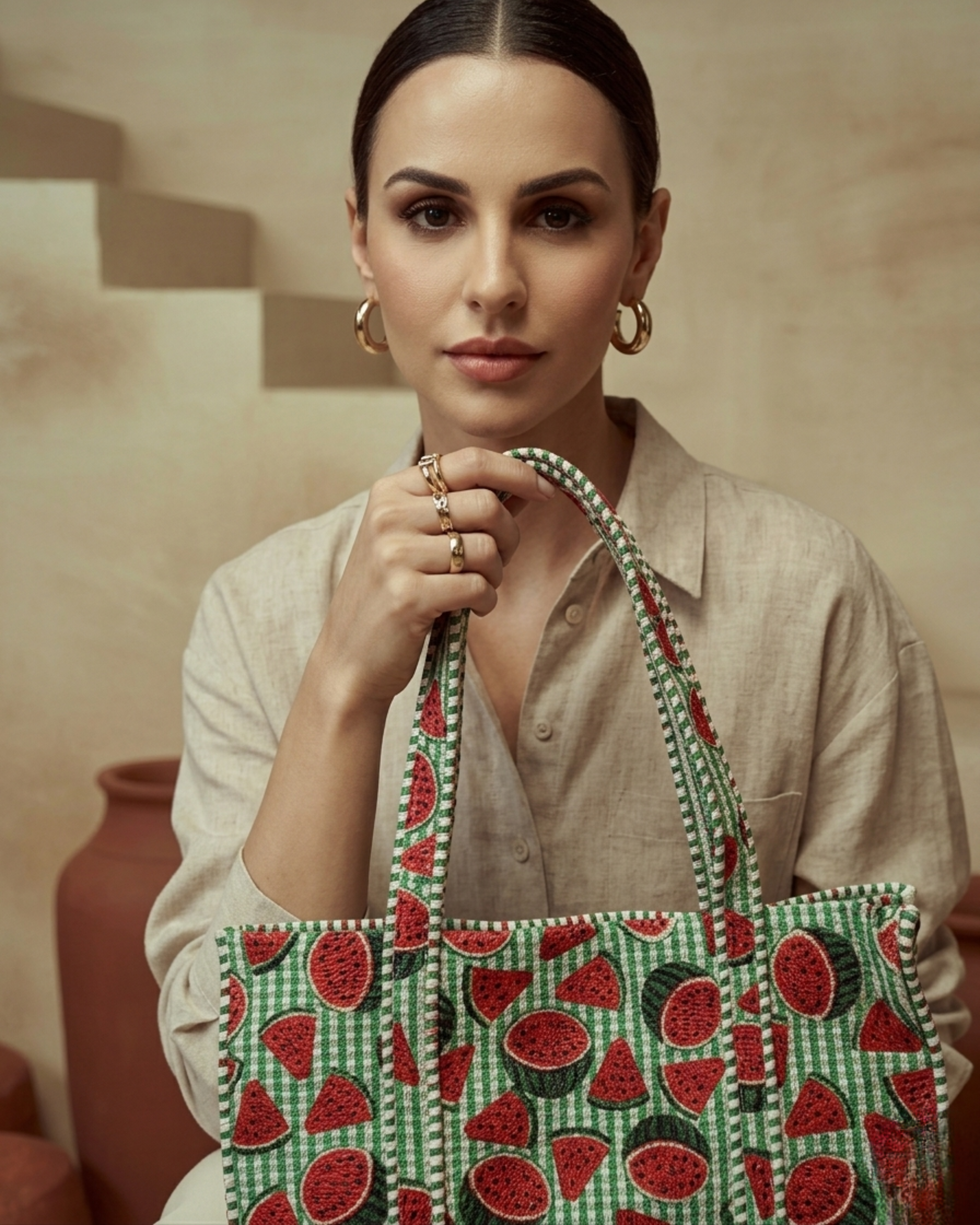 Mint Green Watermelon Quilted Canvas Tote Bag | Handcrafted Cotton Shoulder Bag with Inner Pocket