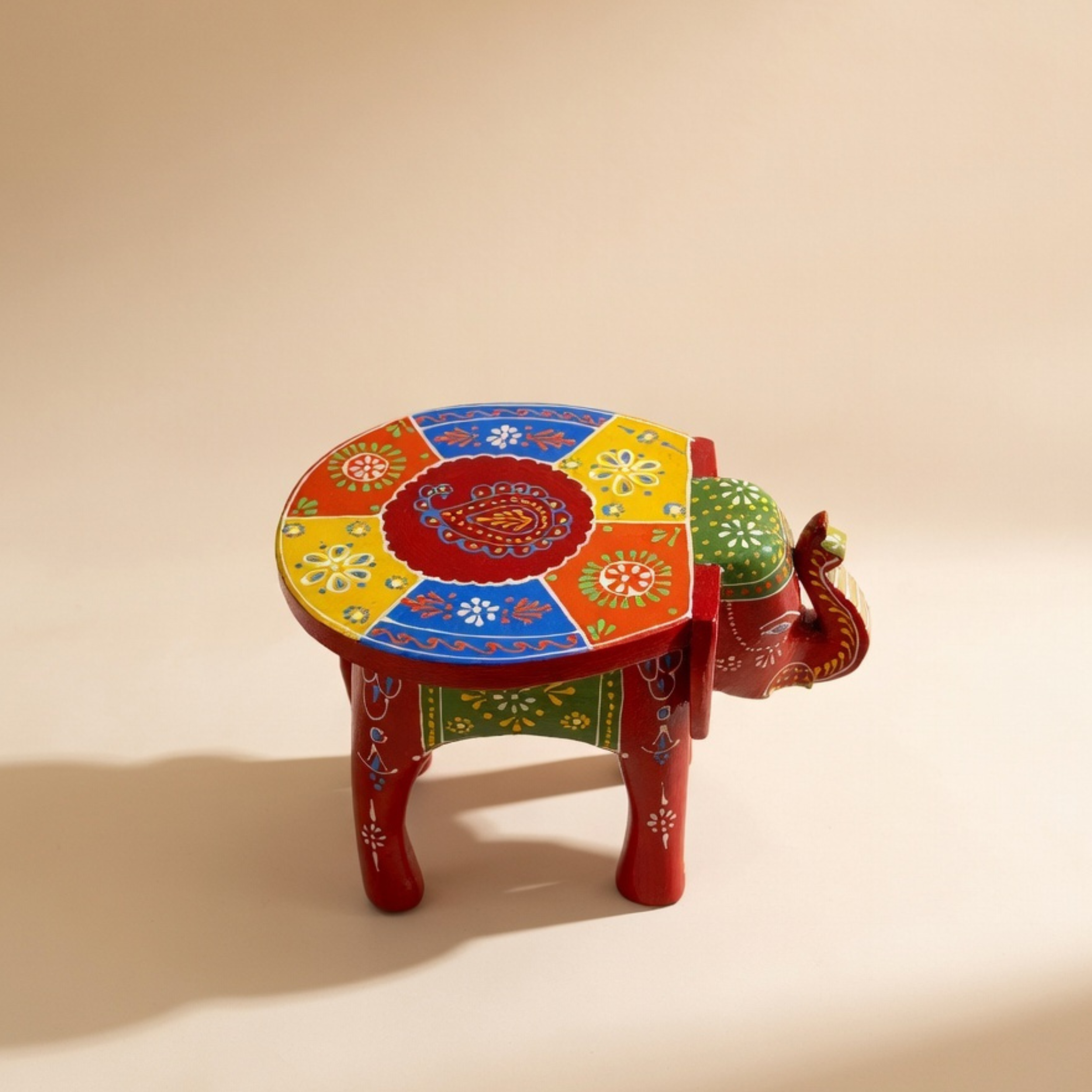 Gulabi Craft Premium Red Wooden Elephant Stool (8-Inch) – Hand-Painted Traditional Accent Table & Home Decor
