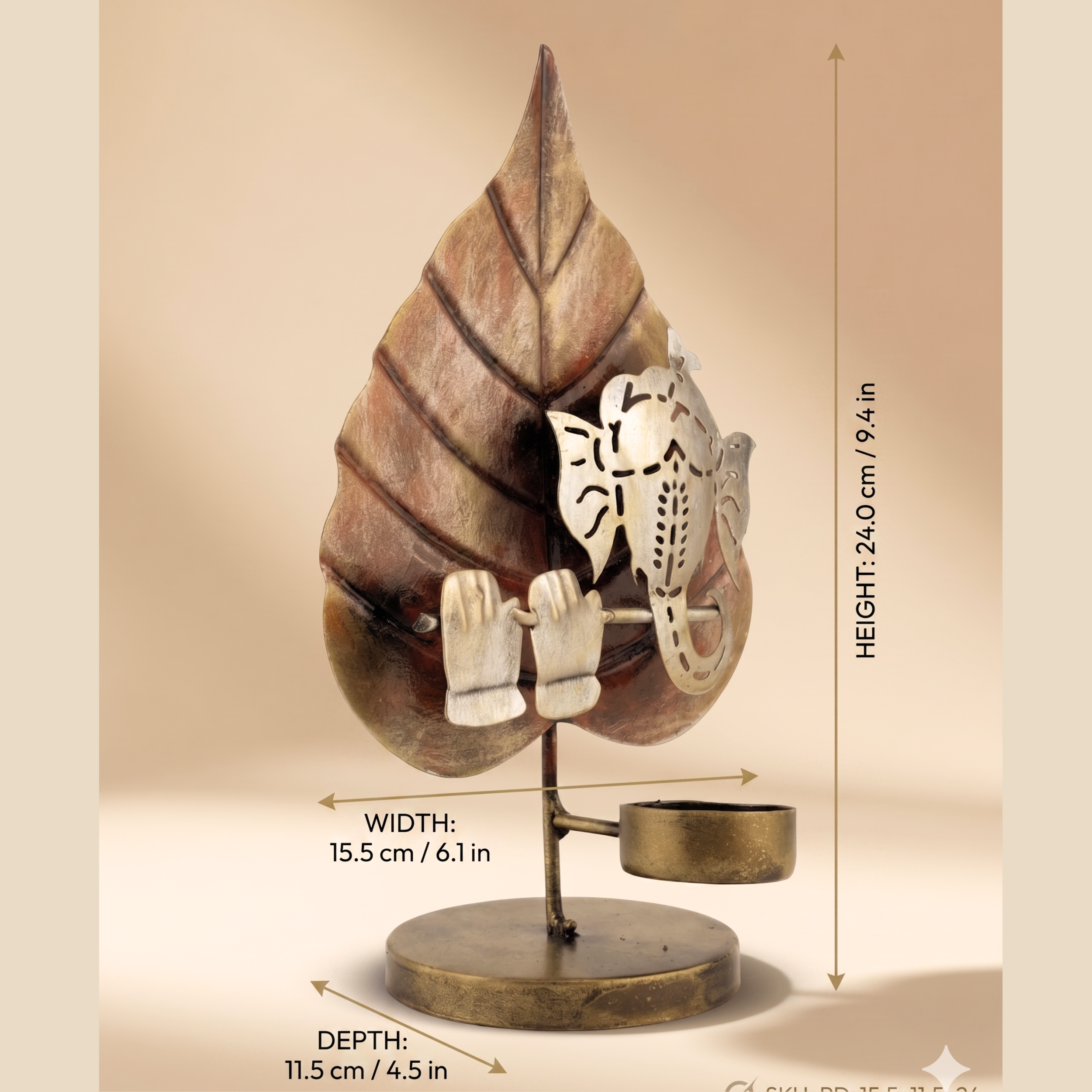 Handcrafted Ganesh Leaf Tealight Holder Brown | Spiritual Home Decor & Gift | Gulabi Craft