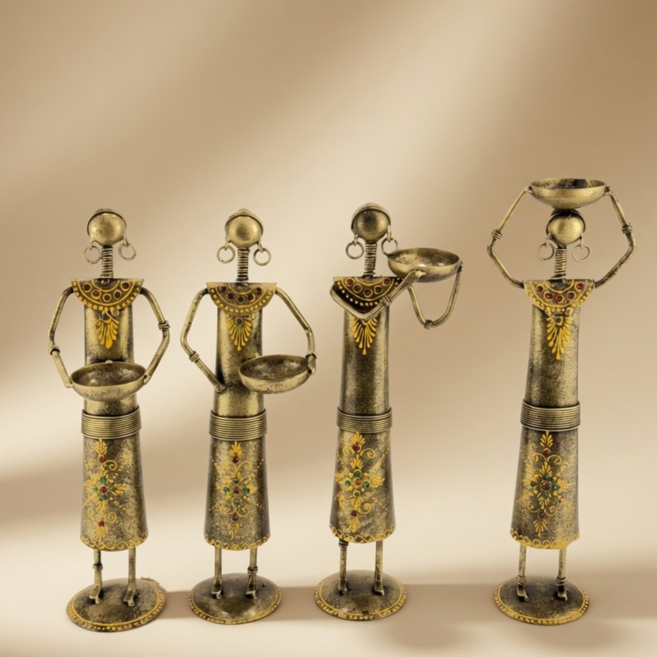 Handcrafted Labour Lady Showpiece Set of 4 – Vintage Metal Tribal Home Decor Table Figurines | Gulabi Craft