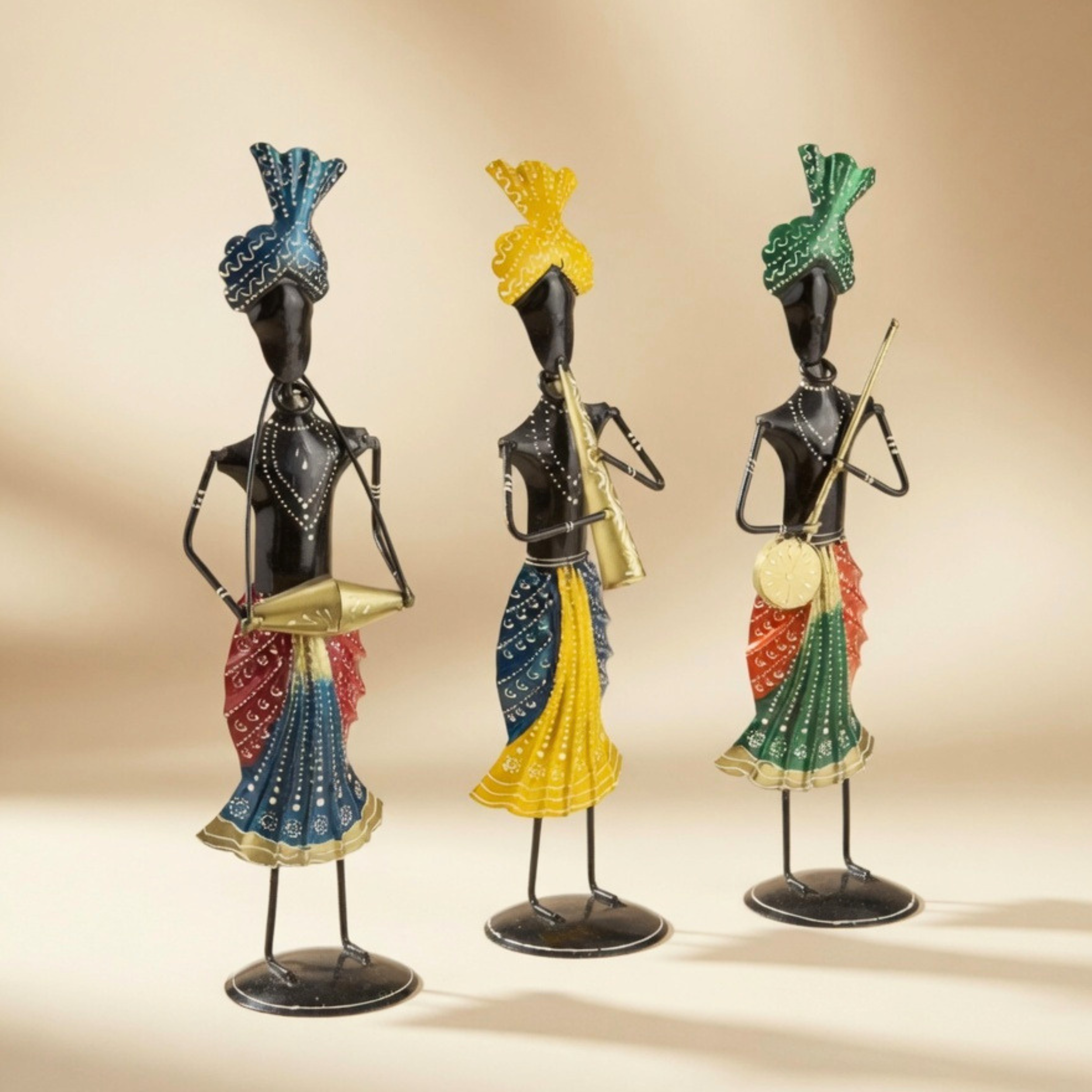 Handcrafted Metal Tribal Musician Figurines Set | Ethnic Home Decor Showpiece