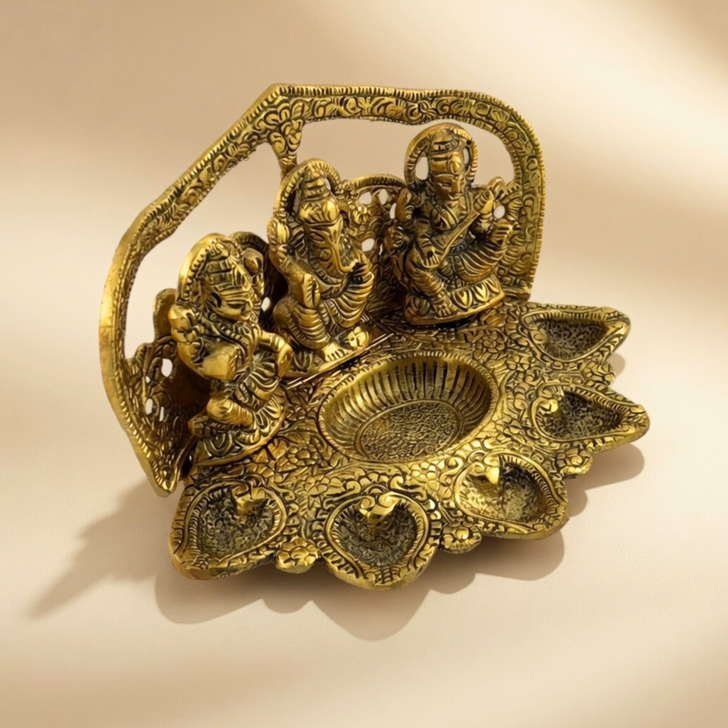 Ganesha Lakshmi Saraswati Diya Stand | Handmade Brass Puja Decor