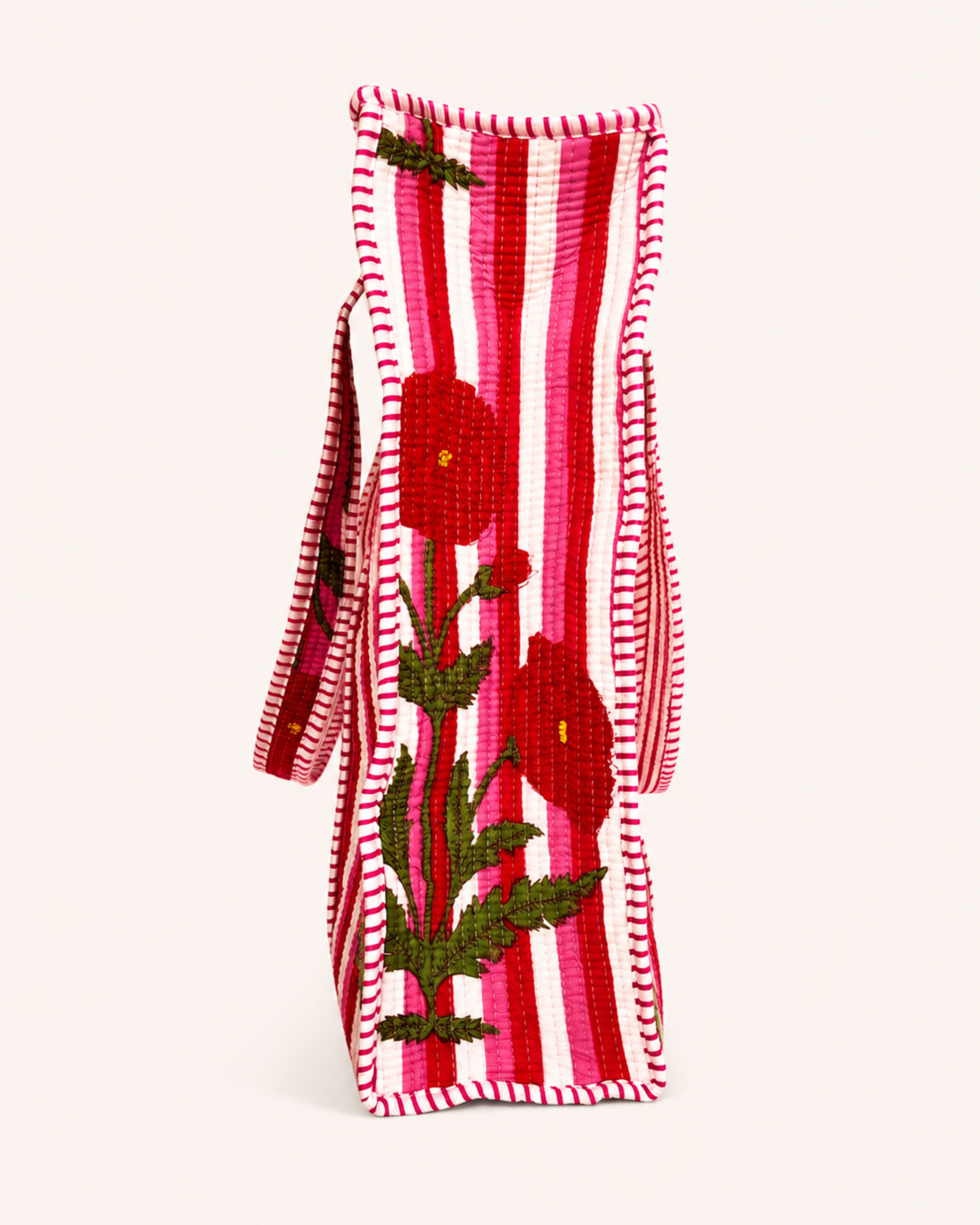 Pink Candy Stripe Red Poppy Quilted Canvas Tote Bag | Handcrafted Cotton Shoulder Bag with Inner Pocket | Gulabi Craft