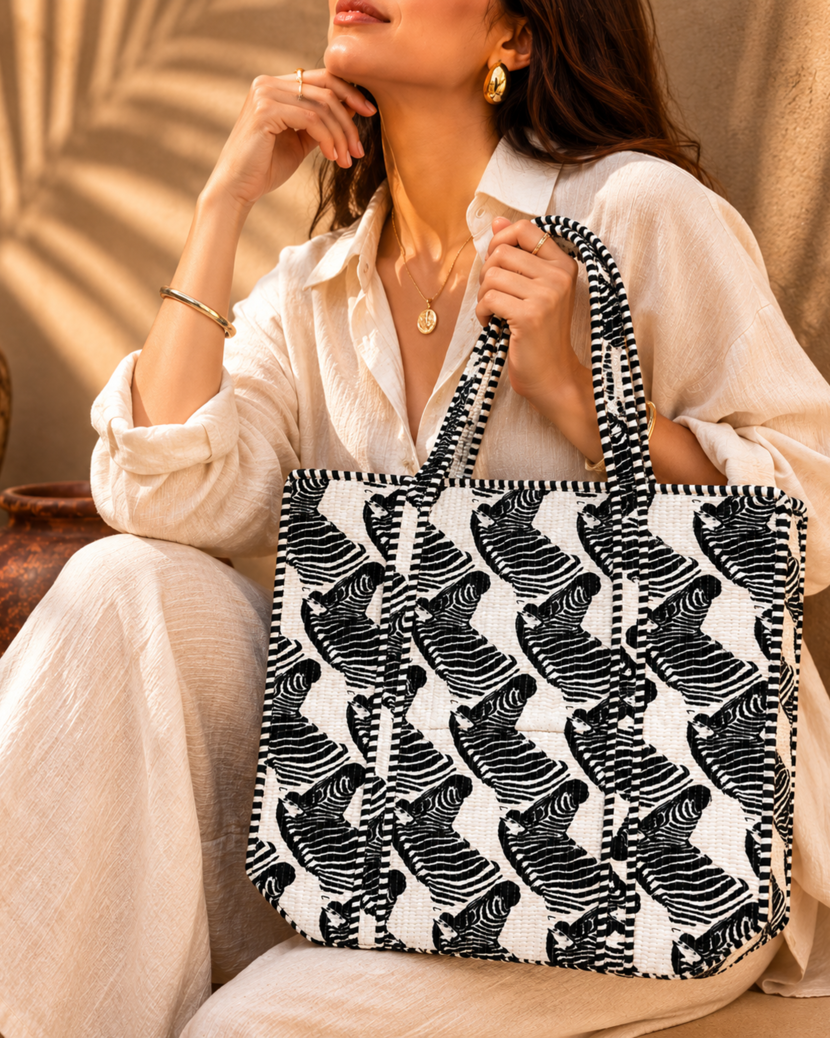 Classic Black and White Zebra Quilted Canvas Tote Bag | Handcrafted Cotton Shoulder Bag with Inner Pocket | Gulabi Craft