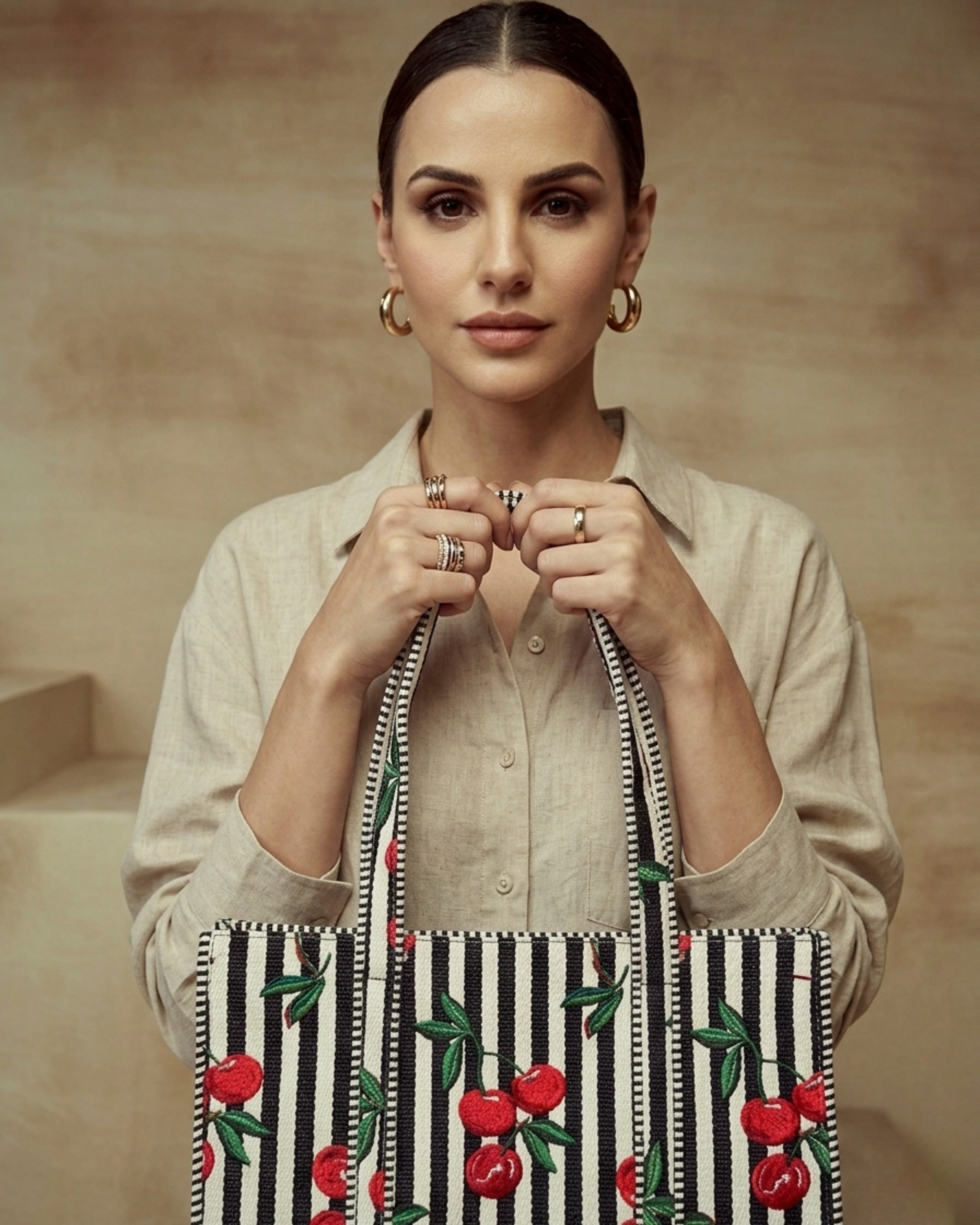 Midnight Black Stripe Red Cherry Handcrafted Quilted Canvas Tote Bag with Inner Pocket for Travel | Gulabi Craft