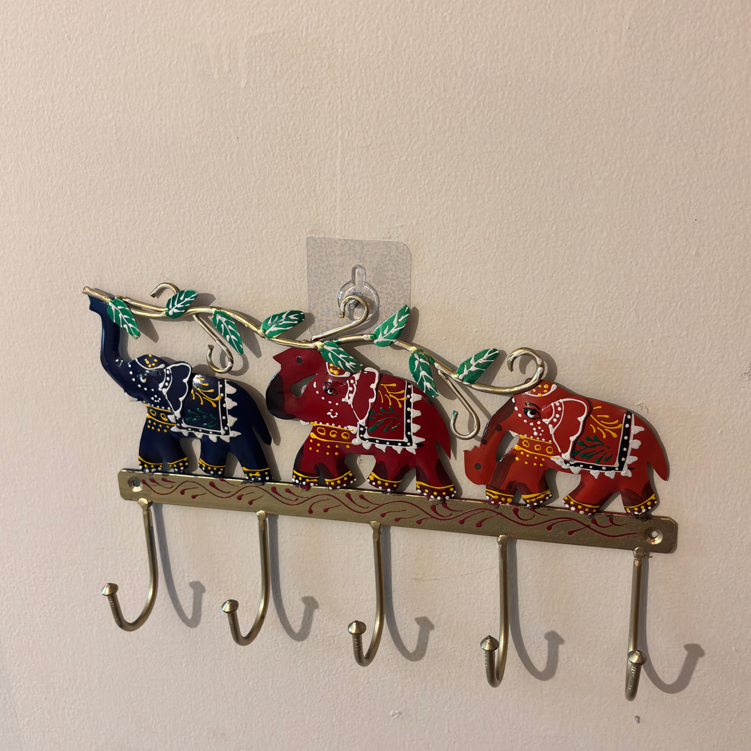 Handcrafted 3 Elephant Key Holder – Colorful Metal Wall Hook for Entryway Decor & Vastu Gifting | Gulabi Craft