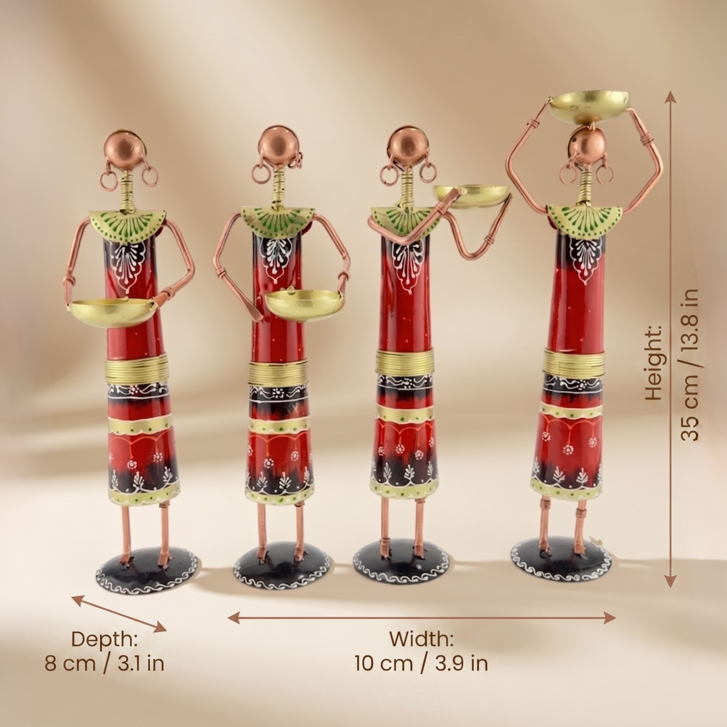 Handmade Tribal Lady Figurines Set – Metal Rajasthani Ethnic Home Decor (4 pcs)