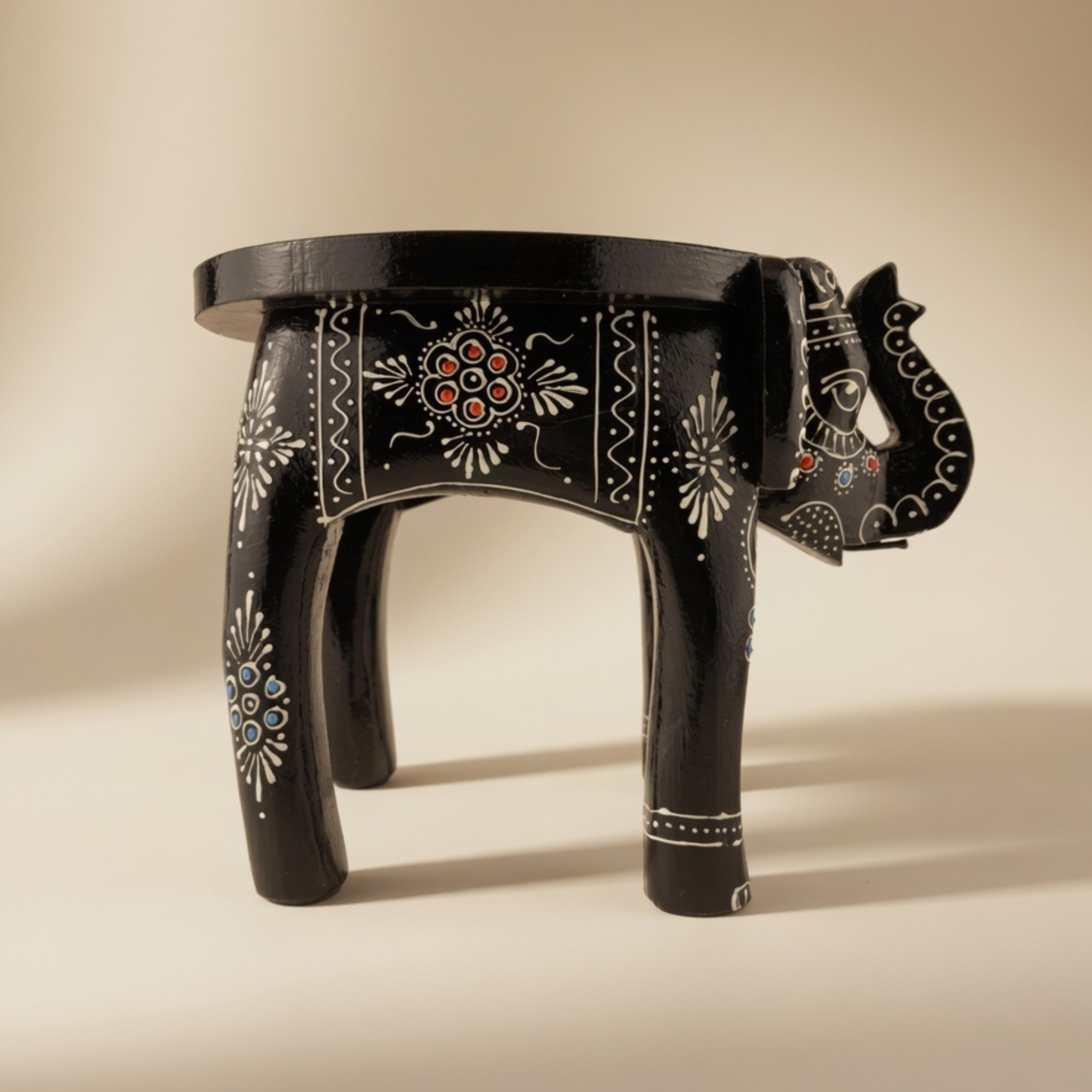 Gulabi Craft Handcrafted Wooden Elephant Stool (8-Inch) – Traditional Indian Painted Decorative Accent & Side Table