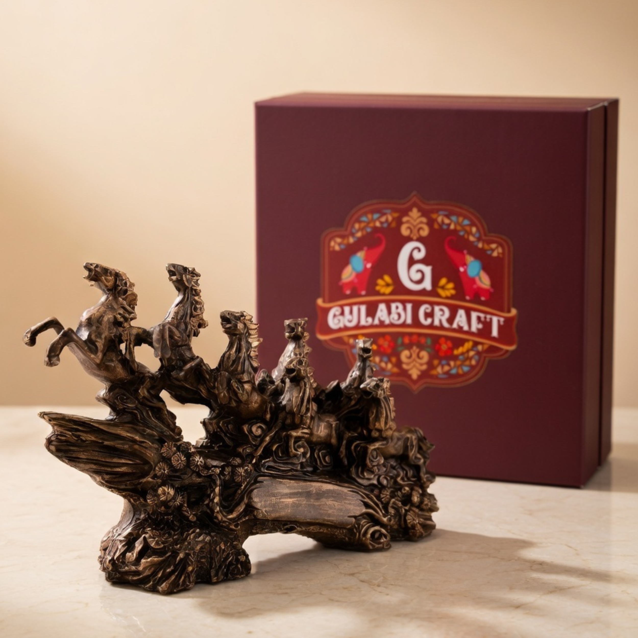 7 Running Horses Showpiece – Antique Bronze Vastu Table Decor for Success & Gifting | Gulabi Craft