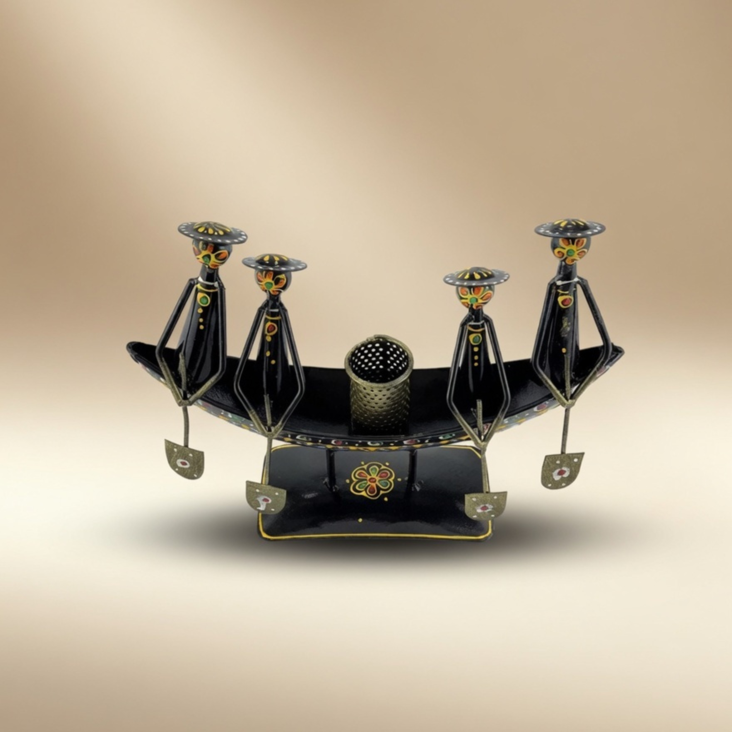 Handcrafted Metal Boat Pan Stand with Candle Holder – Tribal Ethnic Home Decor