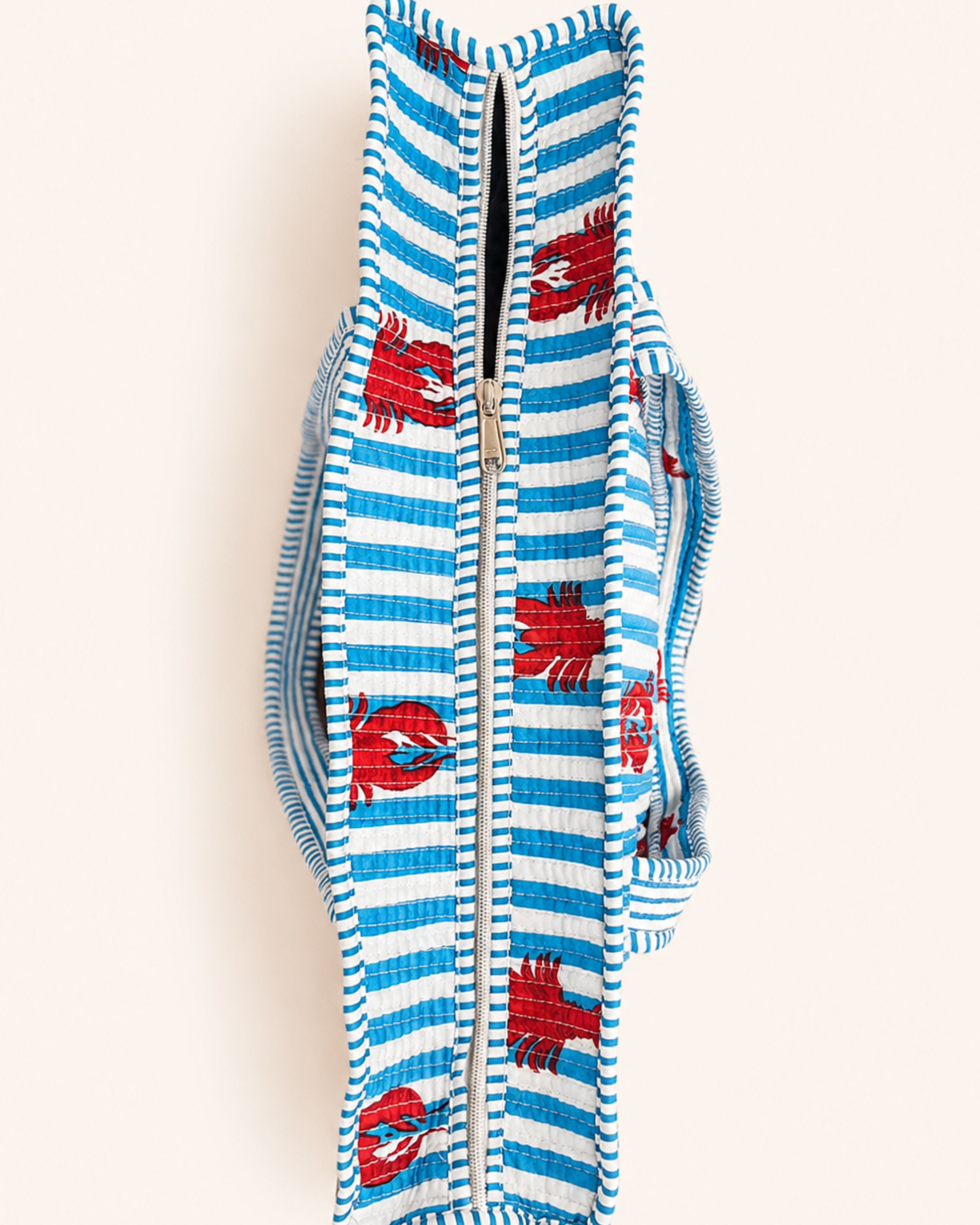 Ocean Blue Striped Red Lobster Quilted Canvas Tote Bag | Handcrafted Cotton Shoulder Bag for Travel & Shopping | Gulabi Craft