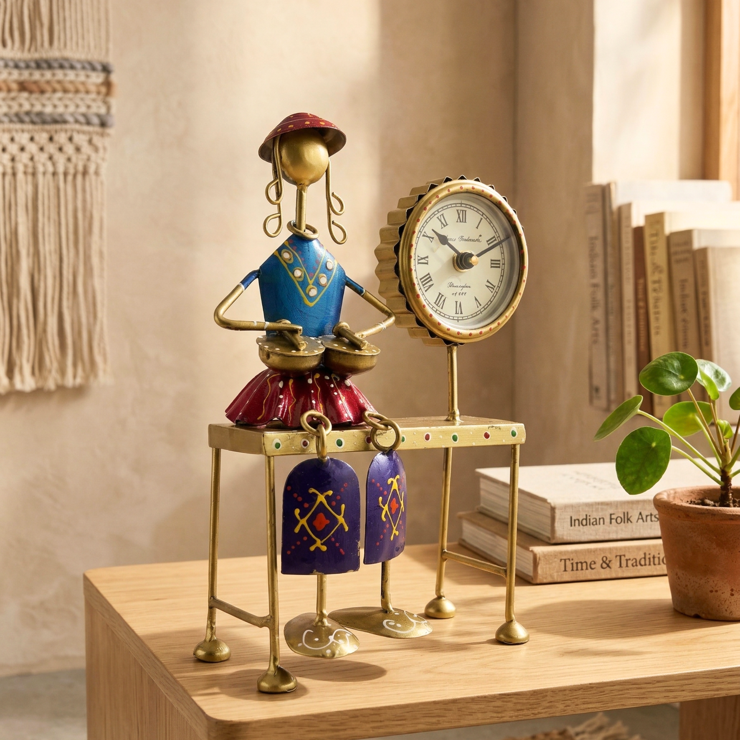 Handmade Musician Lady Table Clock β Vintage Metal Desk Decor Showpiece
