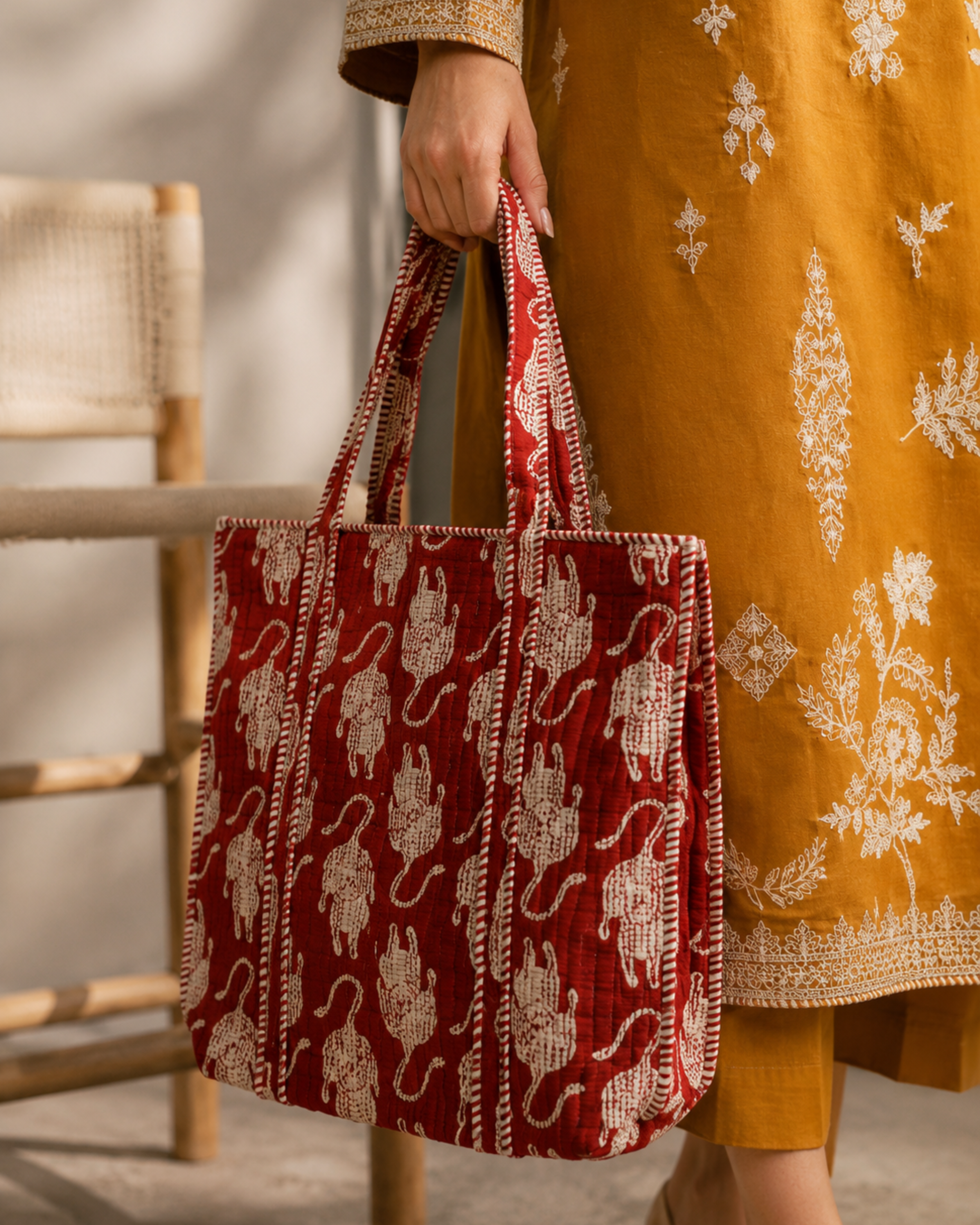 Crimson Red Stylized Tiger Print Handcrafted Quilted Canvas Tote Bag with Inner Pocket for Travel | Gulabi Craft