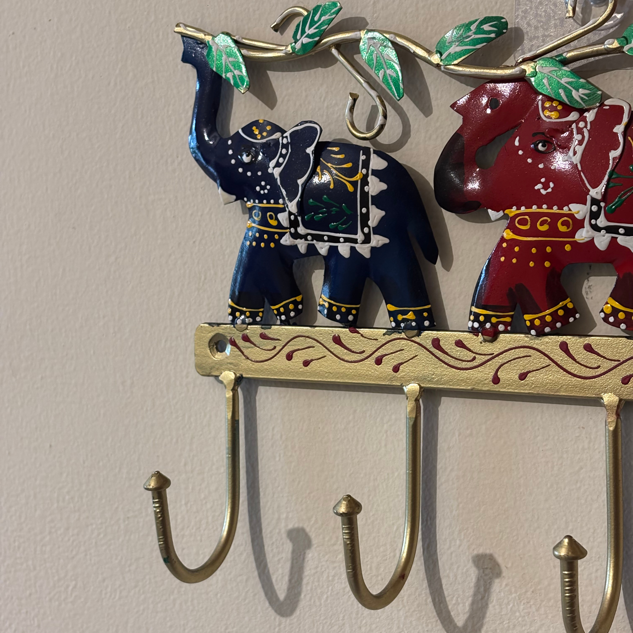 Handcrafted 3 Elephant Key Holder – Colorful Metal Wall Hook for Entryway Decor & Vastu Gifting | Gulabi Craft